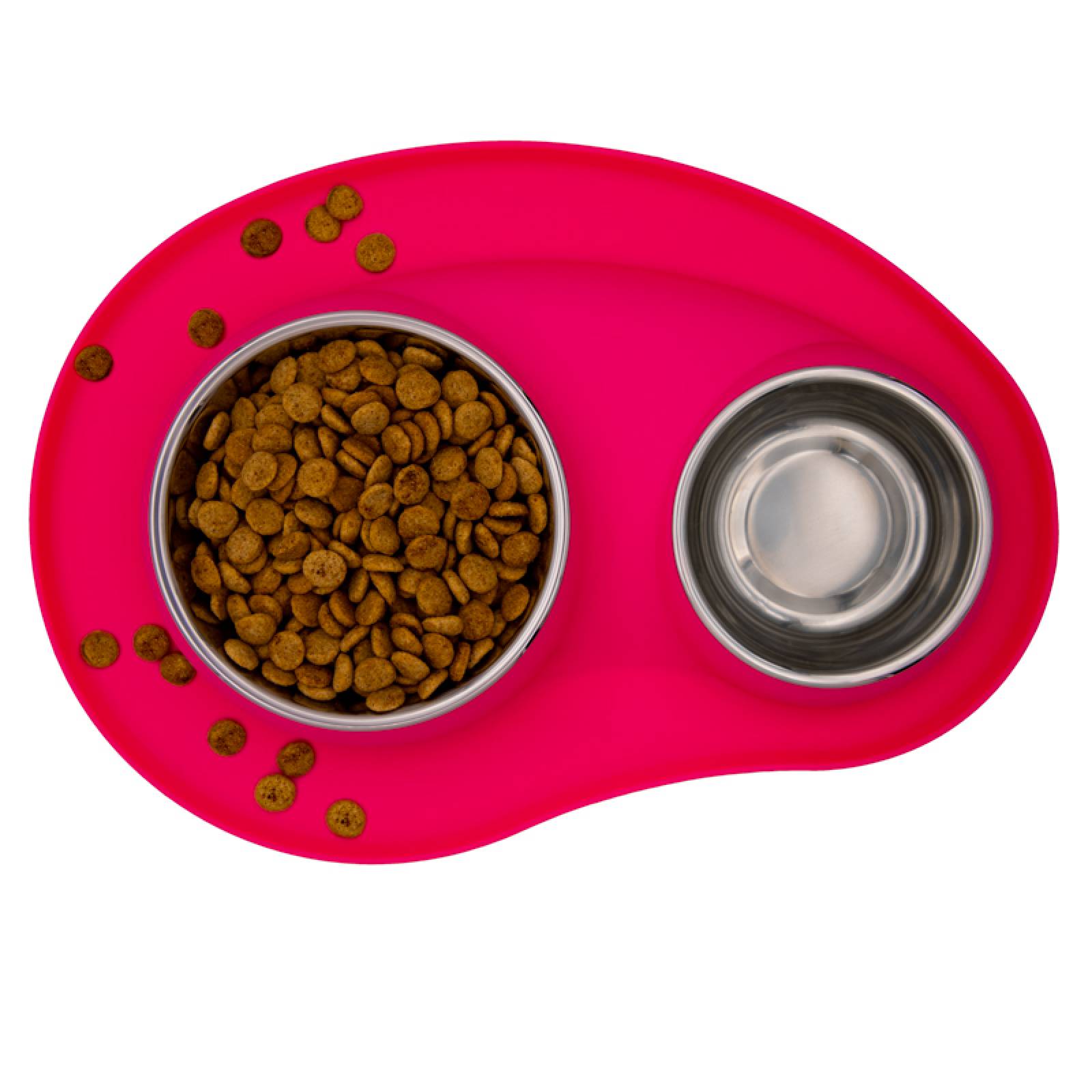 KE WOOW Set de 2 platos en acero inoxidable de 200 y 400 ml. con tapete de silicon. Ideal para perros/gatos y otras mascotas pequeñas. Color Rosa