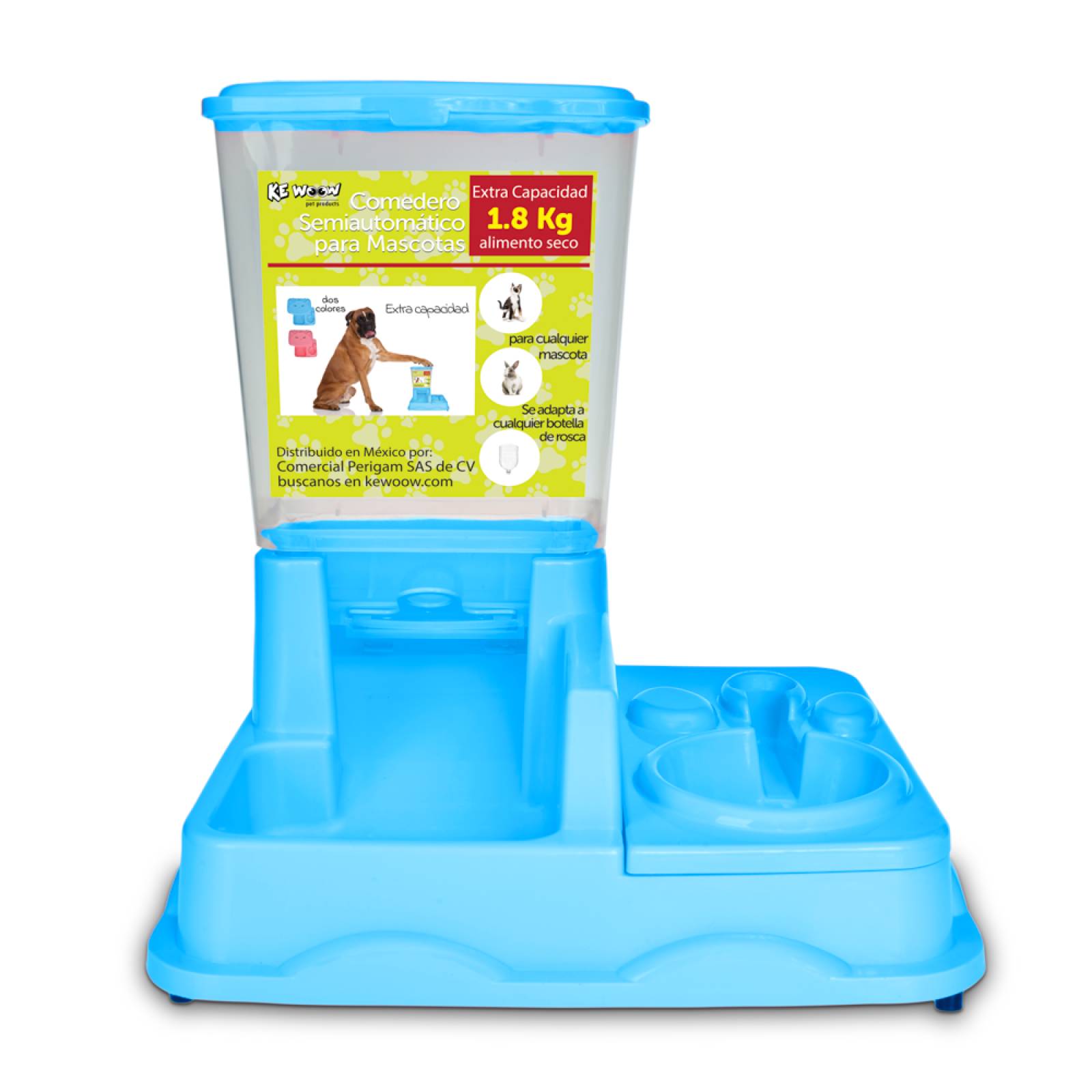 KE WOOW Comedero y bebedero semiautomático para mascotas. Dispensador de comida y agua para perros, gatos, conejos y otras mascotas. Color Azul