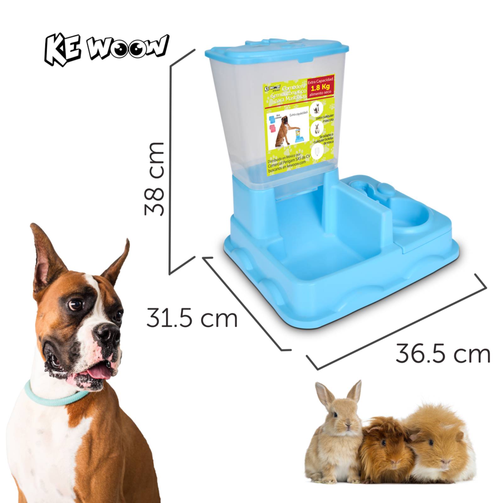 KE WOOW Comedero y bebedero semiautomático para mascotas. Dispensador de comida y agua para perros, gatos, conejos y otras mascotas. Color Azul