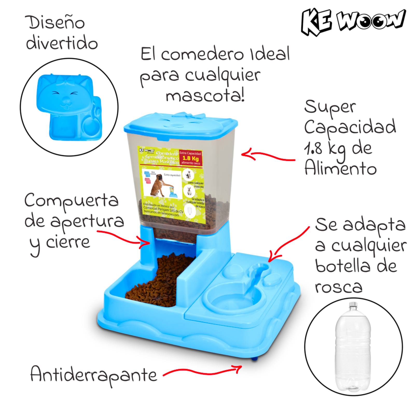 KE WOOW Comedero y bebedero semiautomático para mascotas. Dispensador de comida y agua para perros, gatos, conejos y otras mascotas. Color Azul