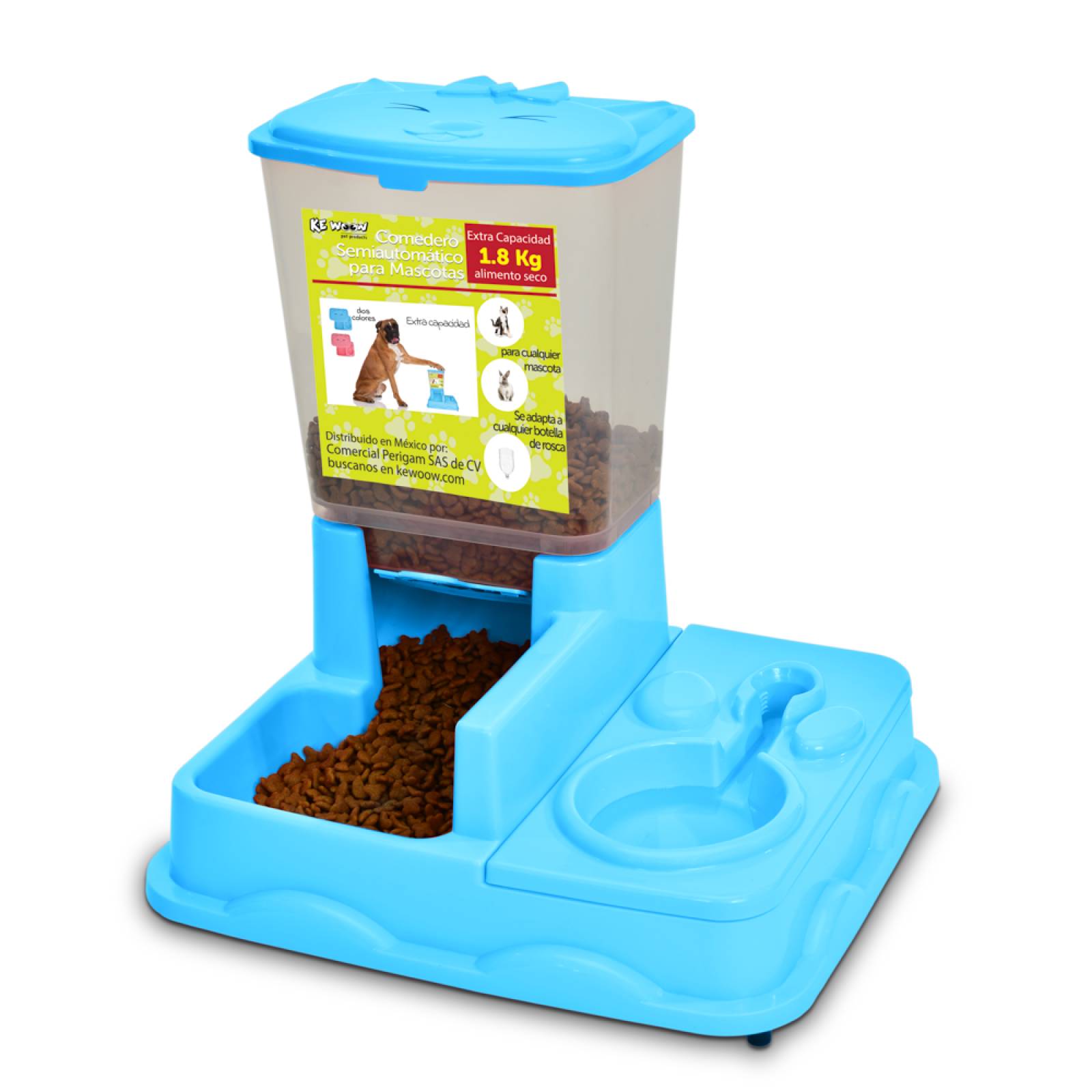 KE WOOW Comedero y bebedero semiautomático para mascotas. Dispensador de comida y agua para perros, gatos, conejos y otras mascotas. Color Azul