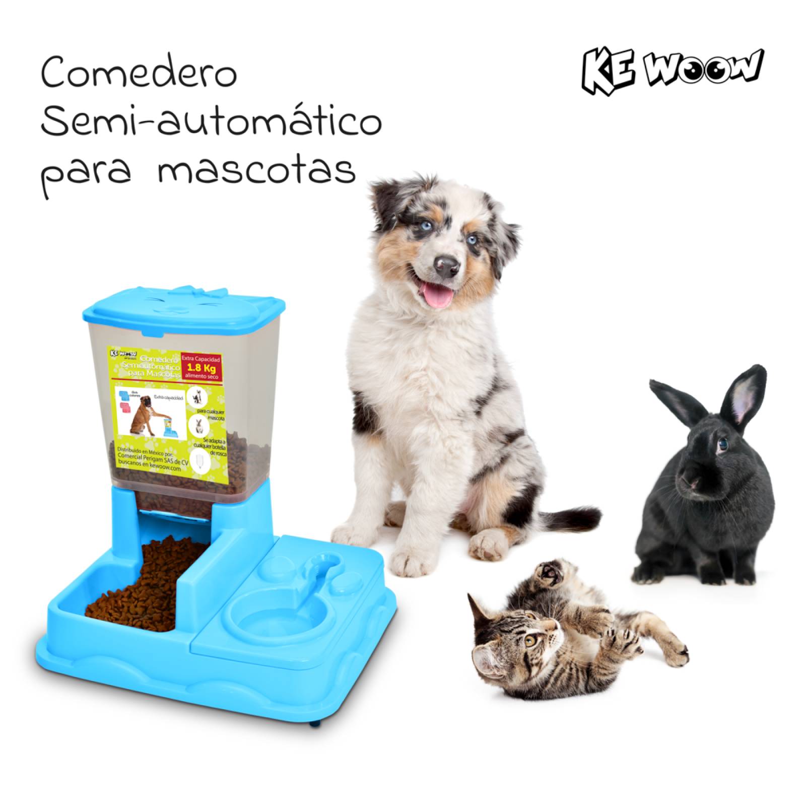 KE WOOW Comedero y bebedero semiautomático para mascotas. Dispensador de comida y agua para perros, gatos, conejos y otras mascotas. Color Azul