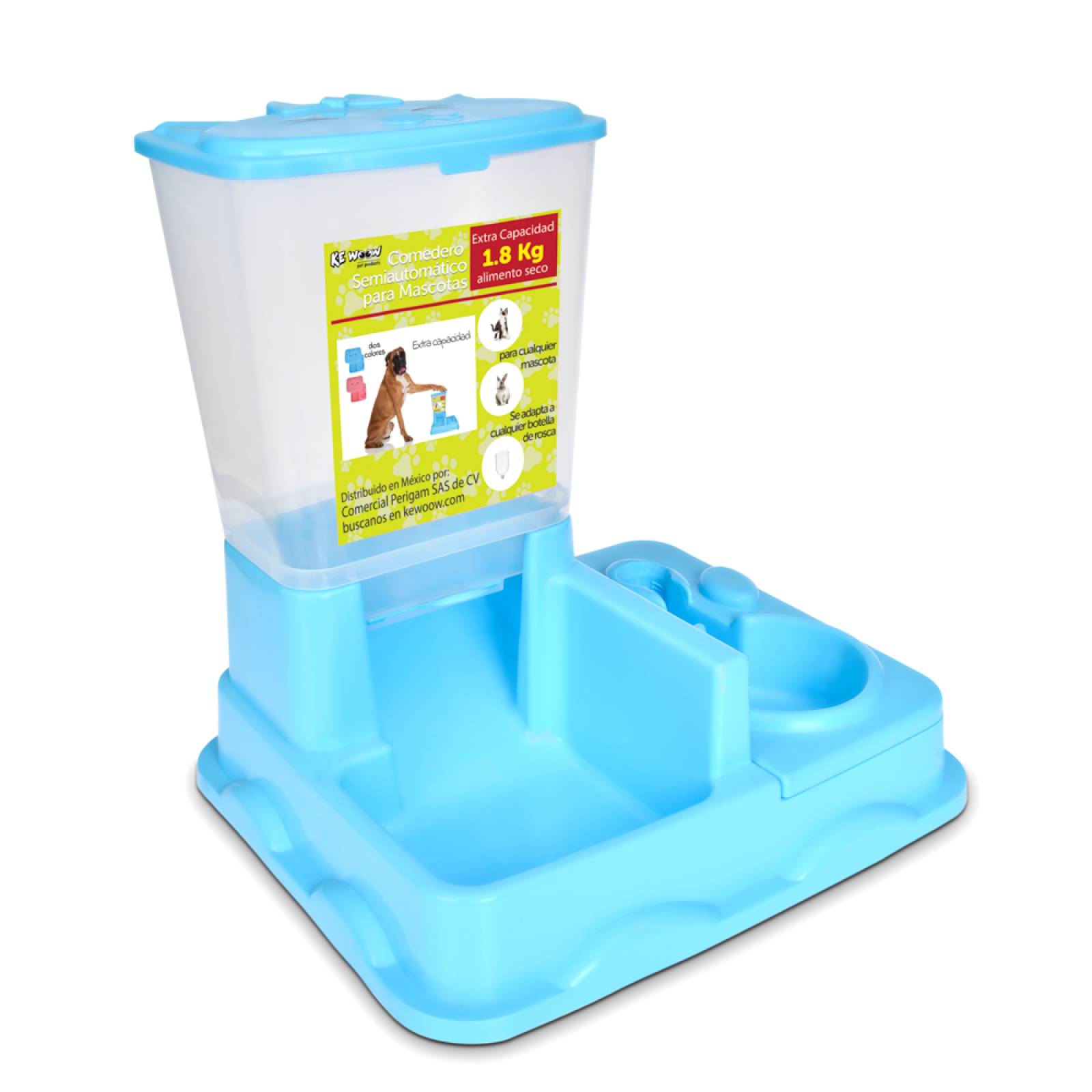 KE WOOW Comedero y bebedero semiautomático para mascotas. Dispensador de comida y agua para perros, gatos, conejos y otras mascotas. Color Azul