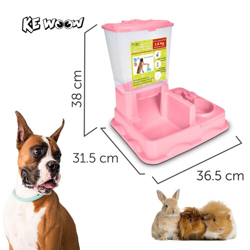 KE WOOW Comedero y bebedero semiautomático para mascotas. Dispensador de comida y agua para perros, gatos, conejos y otras mascotas. Color Rosa