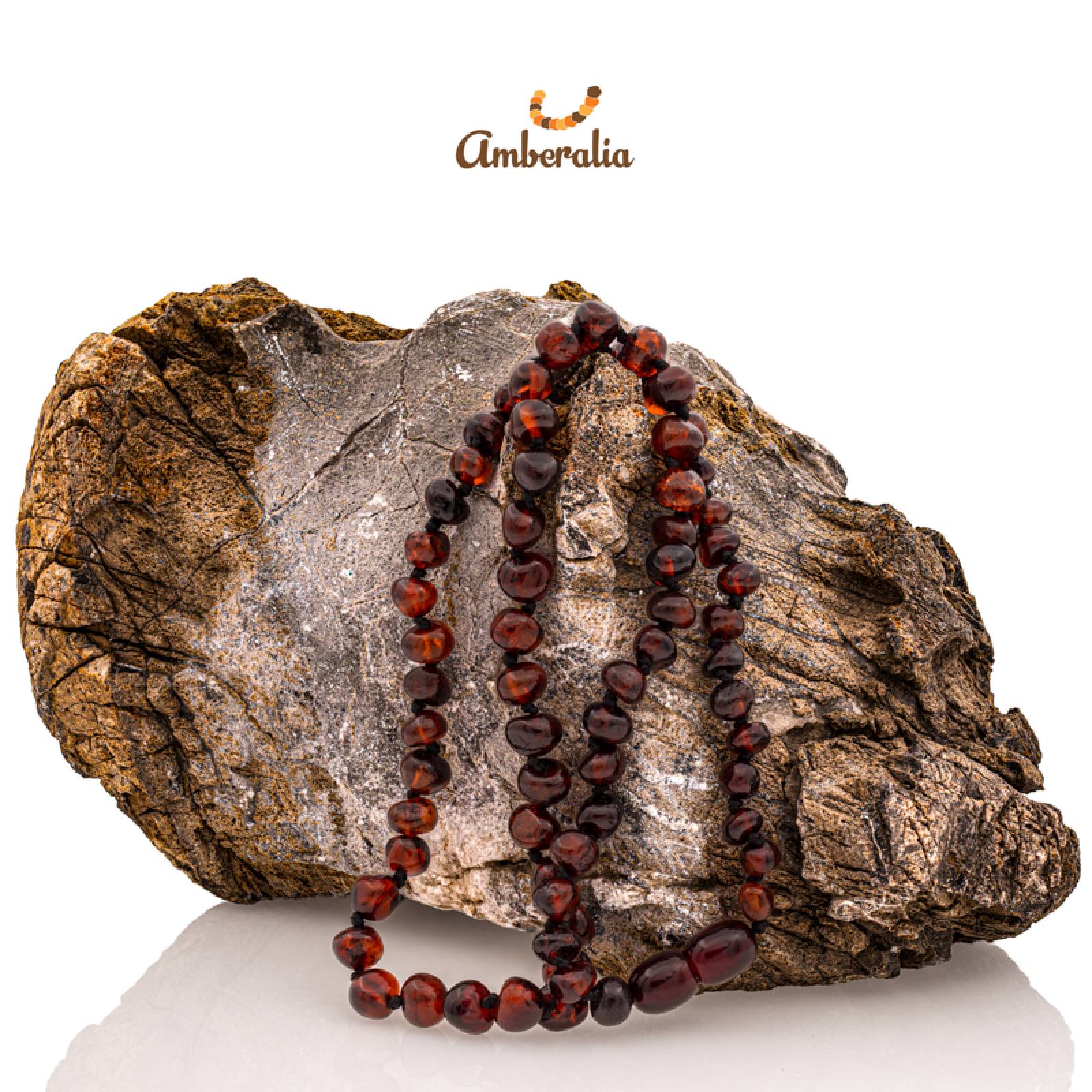 Amberalia, Collar de Ámbar Báltico para Adultos, Nudos entre cada cuenta - 100% Garantizado - Ámbar Importado de Lituania - Certificado por GIA, Ámbar Báltico Genuino   Cereza Pulido 40 cm