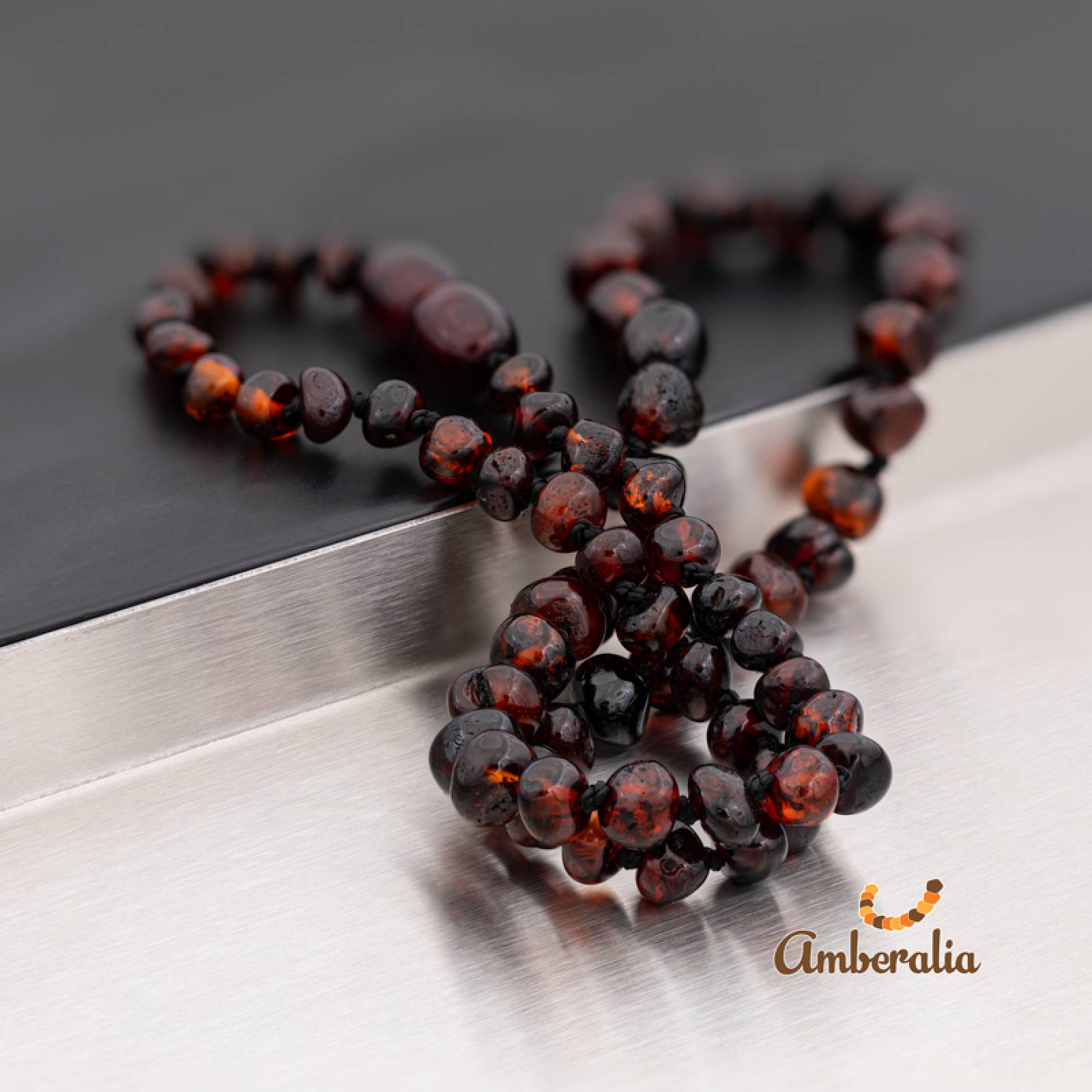 Amberalia, Collar de Ámbar Báltico para Adultos, Nudos entre cada cuenta - 100% Garantizado - Ámbar Importado de Lituania - Certificado por GIA, Ámbar Báltico Genuino   Cereza Pulido 40 cm