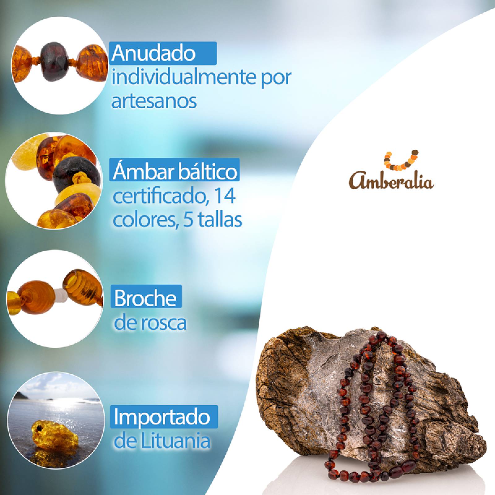 Amberalia, Collar de Ámbar Báltico para Adultos, Nudos entre cada cuenta - 100% Garantizado - Ámbar Importado de Lituania - Certificado por GIA, Ámbar Báltico Genuino   Cereza Pulido 40 cm