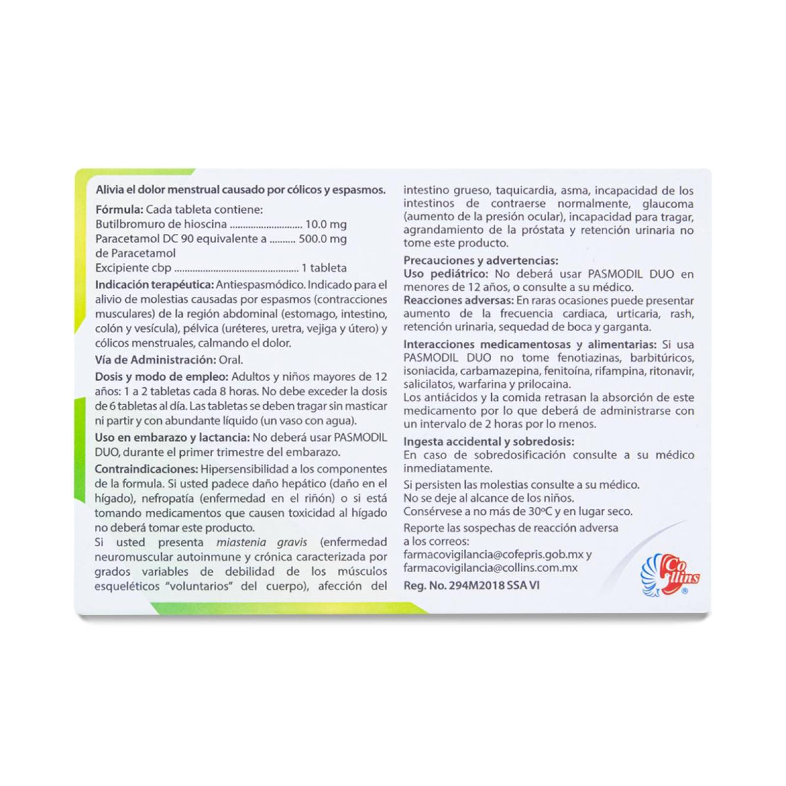 Pasmodil Duo, Hioscina - Paracetamol, Caja Con 24 Tabs 10 Mg / 500 Mg, Collins 