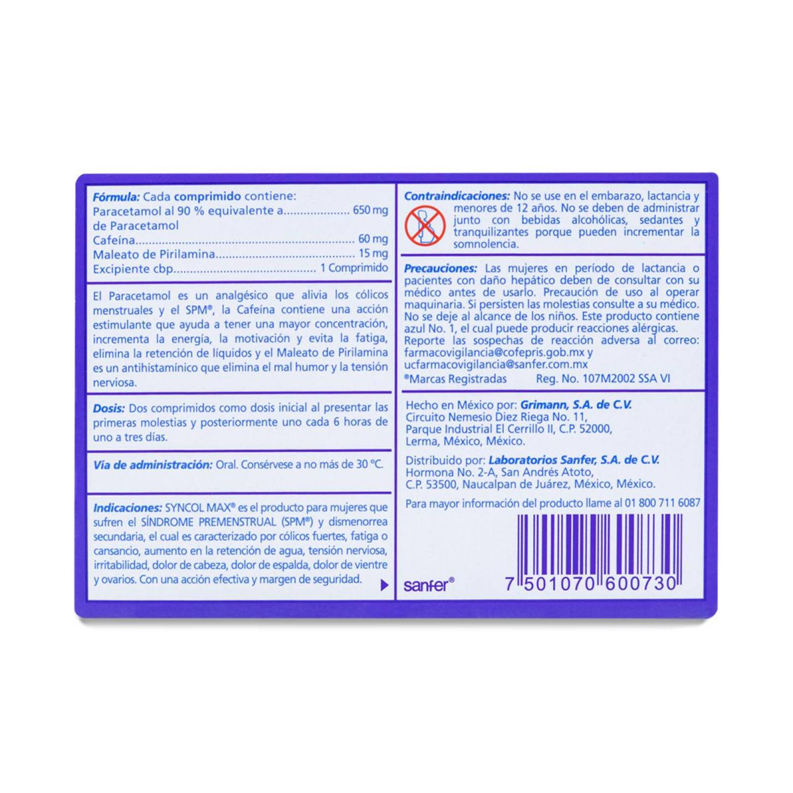 Syncol Max, Caja Con 12 Comprimidos, Sanfer