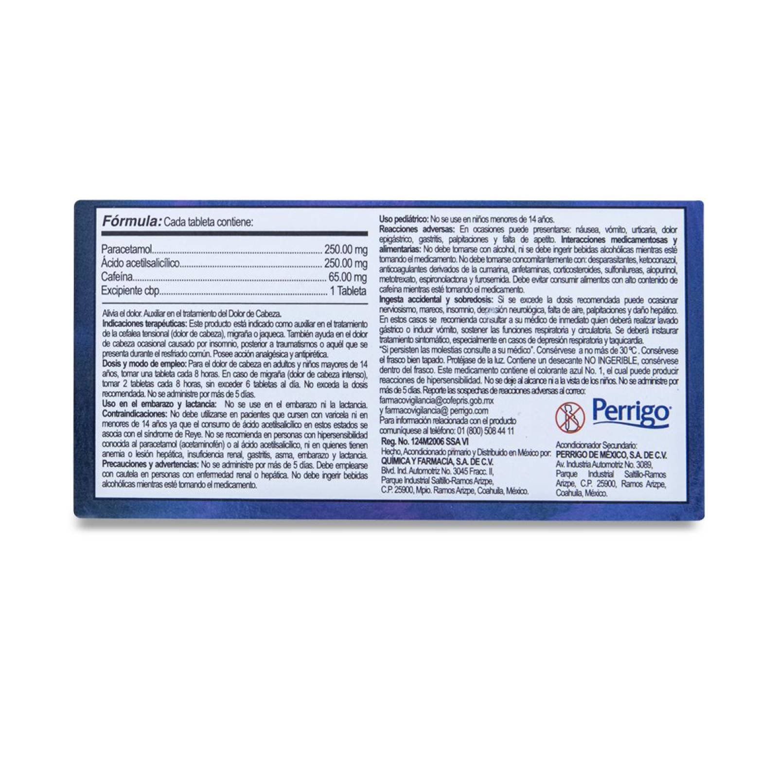 Paracetamol, Acido Acetilsalicilico, Cafeina Frasco Con 24 Tabs, Perrigo