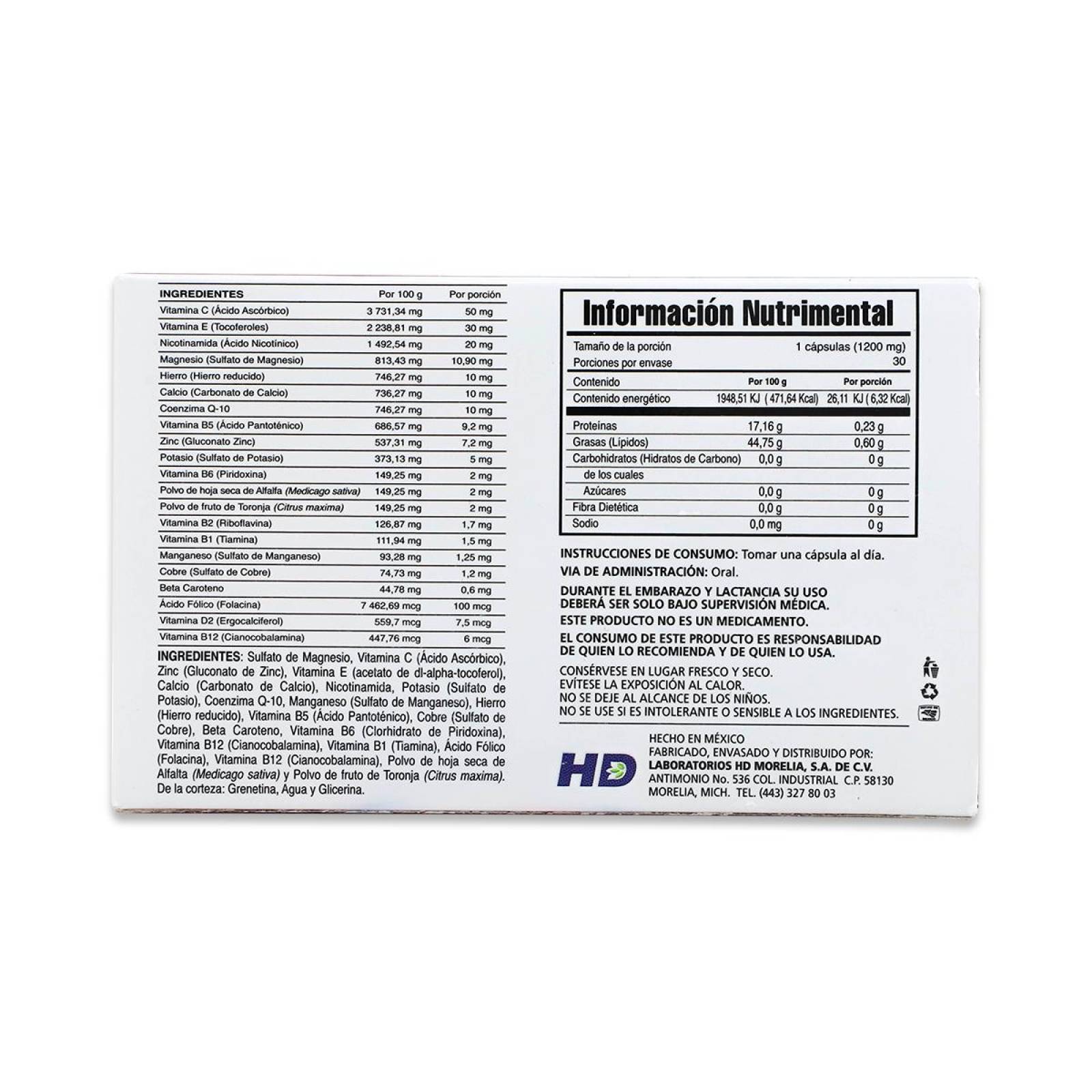 Vitaminas, Minerales y Coenzima Q10 HD Solotare  30 Capsulas 1200 G C/U 