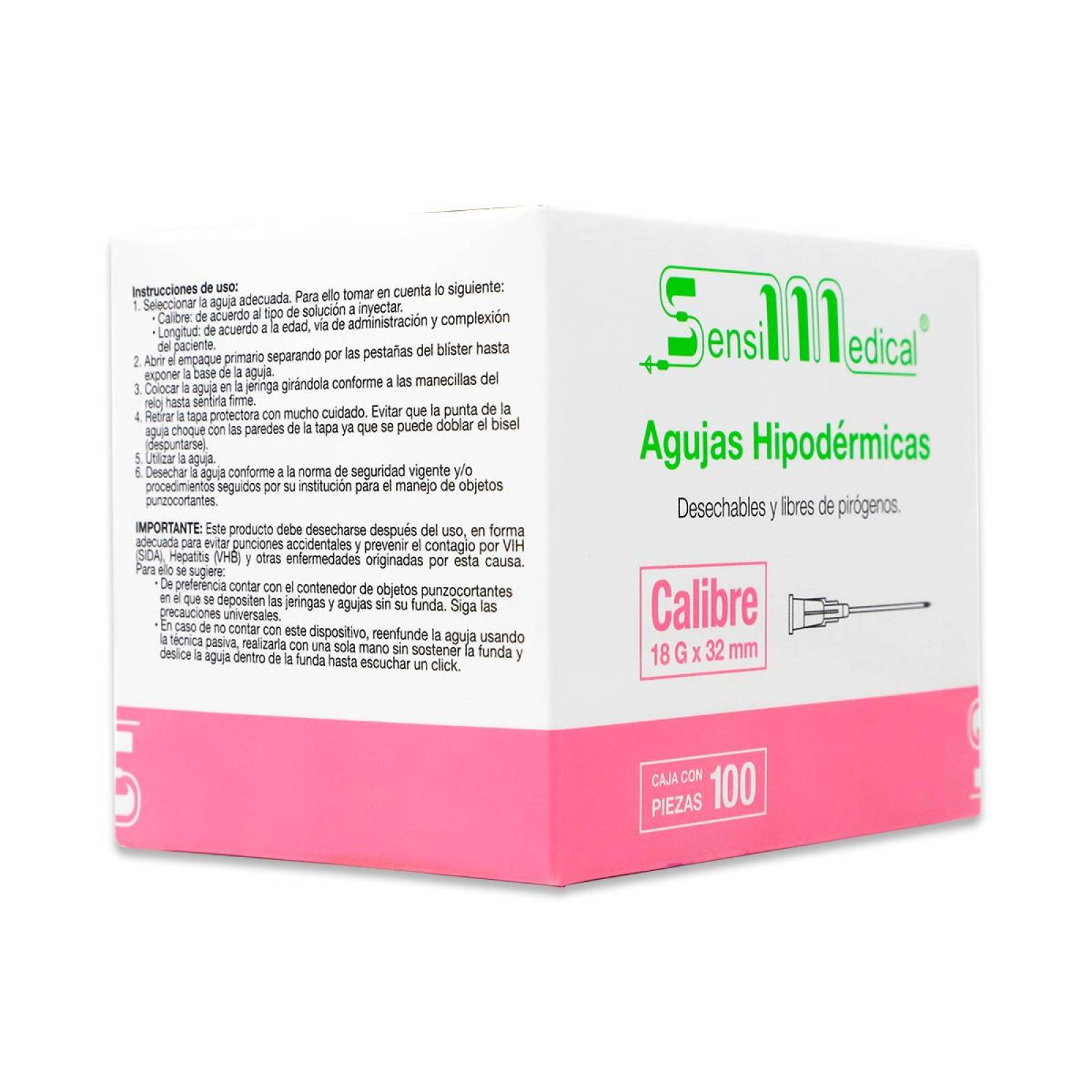 Agujas Hipodermicas Desechable Y Libre De Pirogenos Calibre 18G X 32 Mm Cont 100 Pzas 