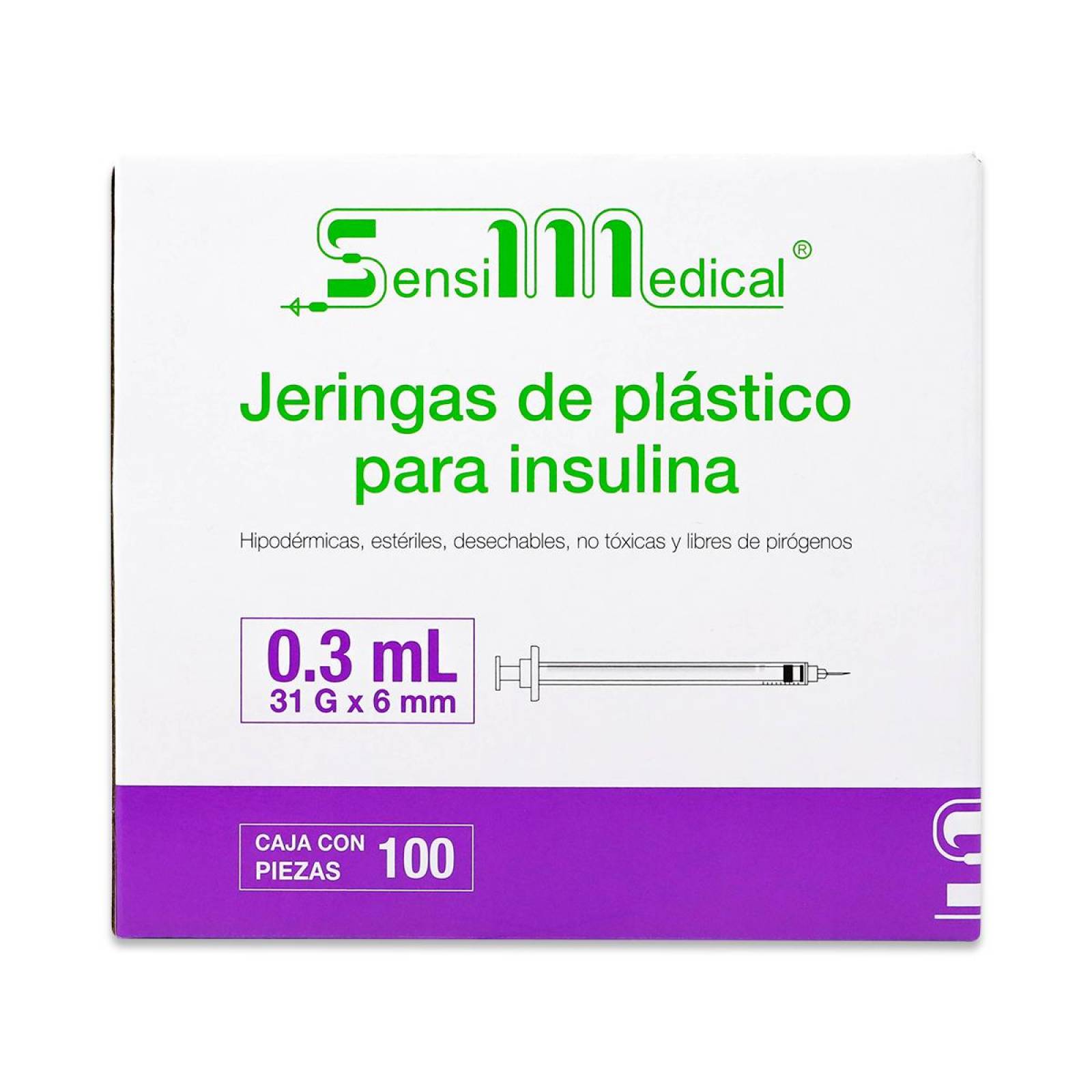Jeringa Sensil medical De Plastico Para Insulina 0.3Ml 31G X 6 Mm Cont 100 Pzas 