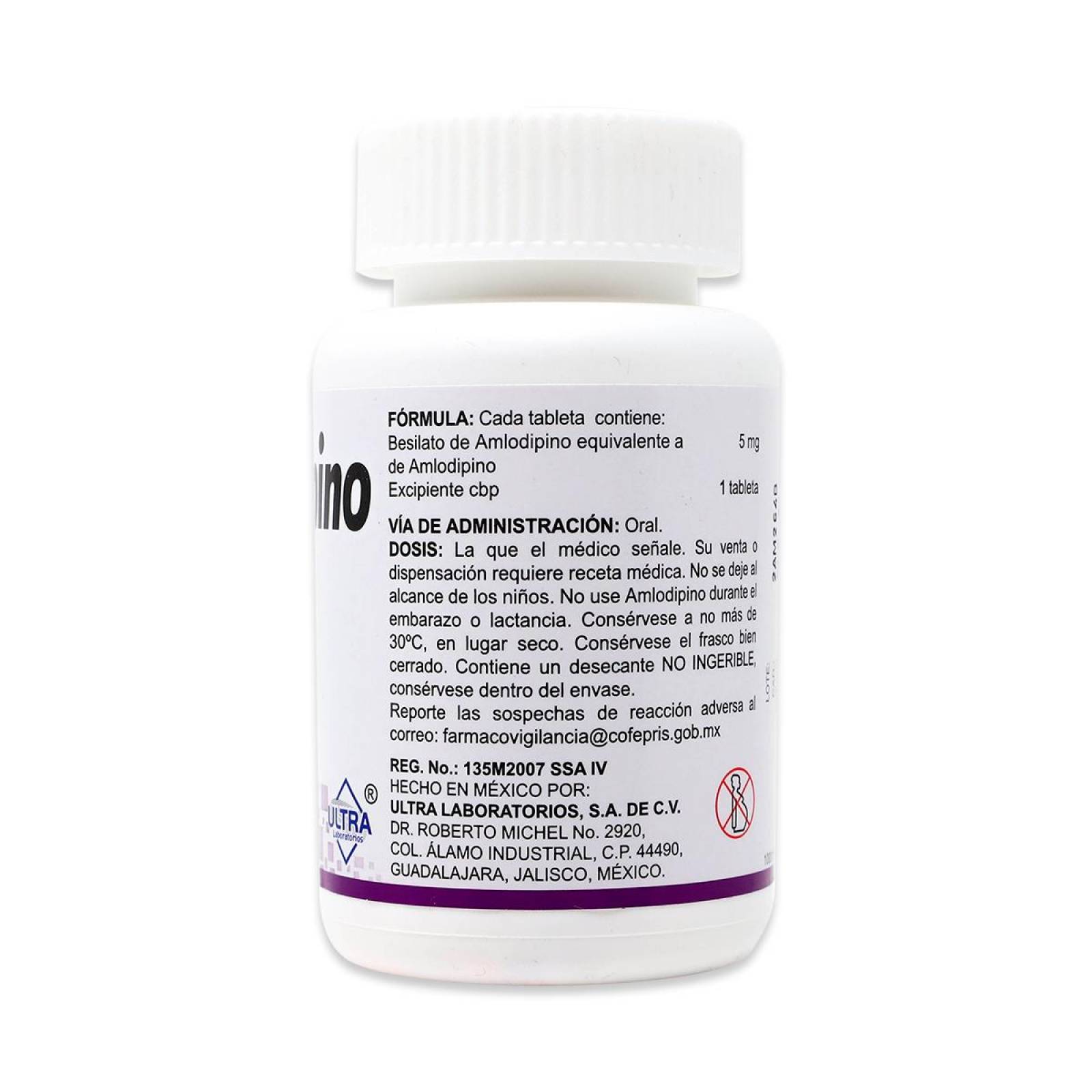 Amlodipino Ultra Frasco Con 100 Tabletas 5 Mg 