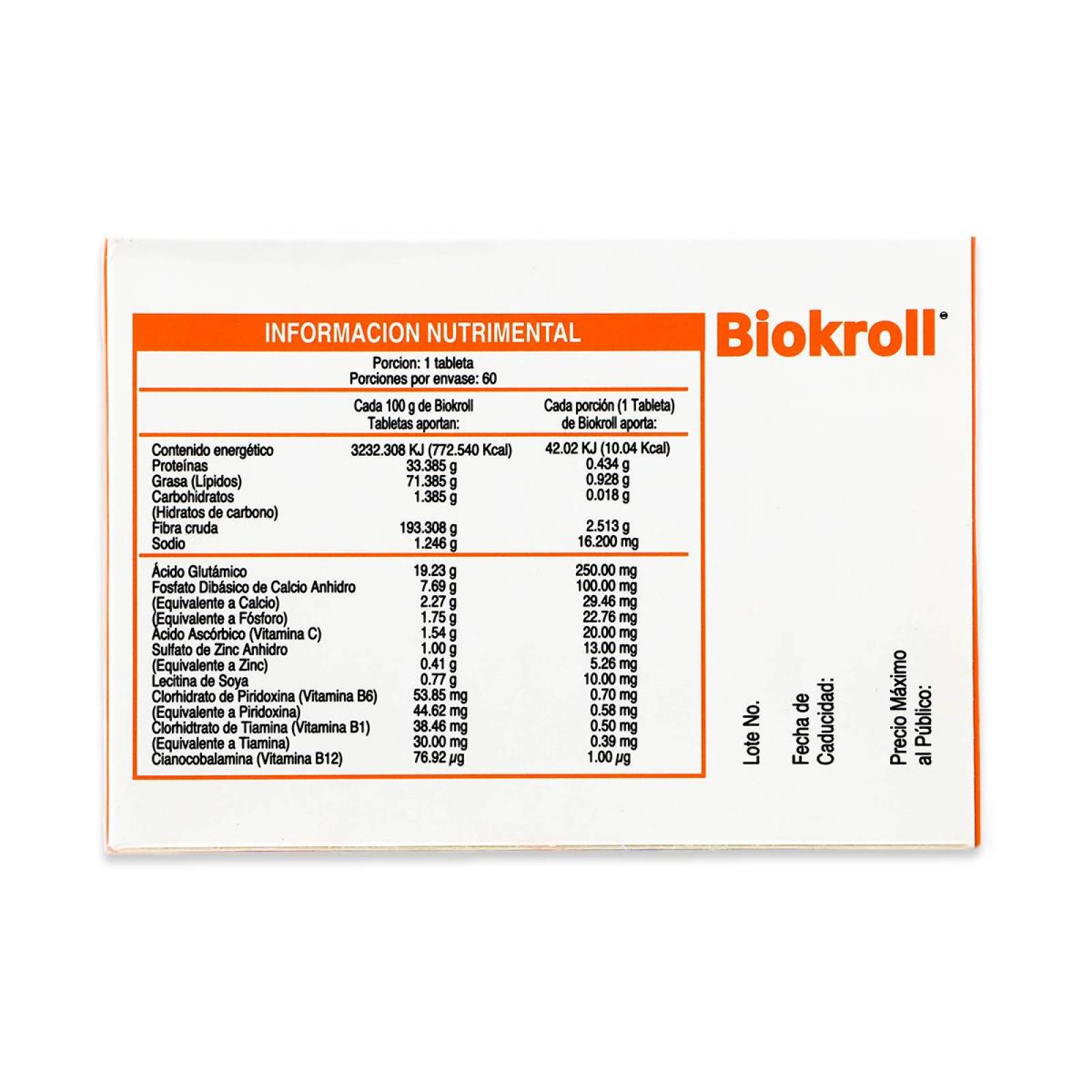 Biokroll Bio Salud Ácido Glutámico Vitaminas Y Minerales Caja Con 60 Tabletas De 1.30 G