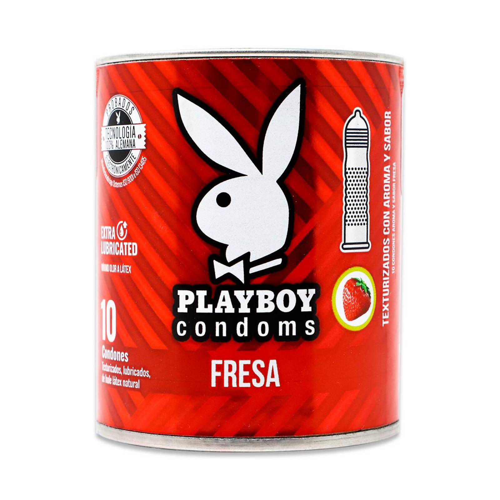 Condones Playboy Texturizado Aroma Y Sabor Fresa Lata Con 10 Preservativos 
