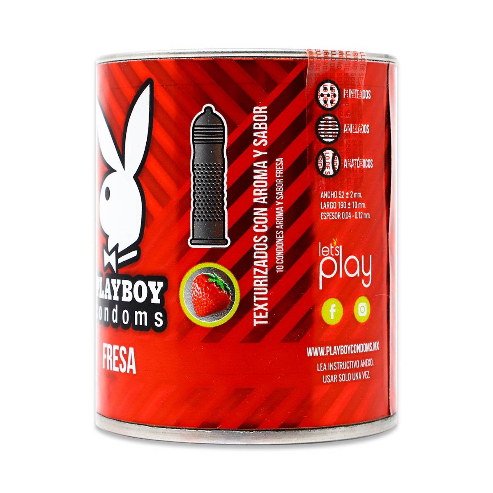 Condones Playboy Texturizado Aroma Y Sabor Fresa Lata Con 10 Preservativos 