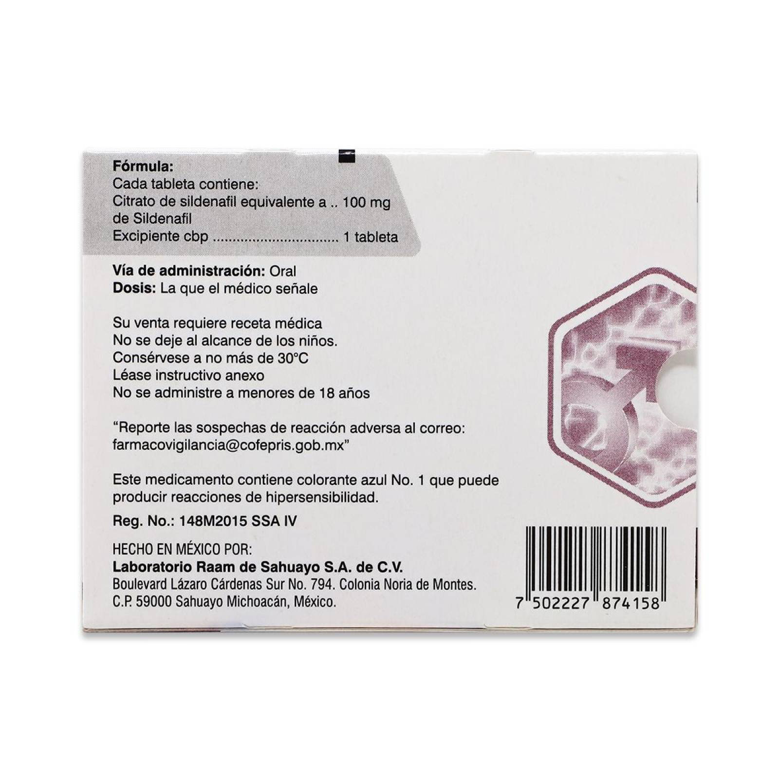 Sildenafil Actiraam, Caja Con 4 Tabletas 100 Mg, Raam 