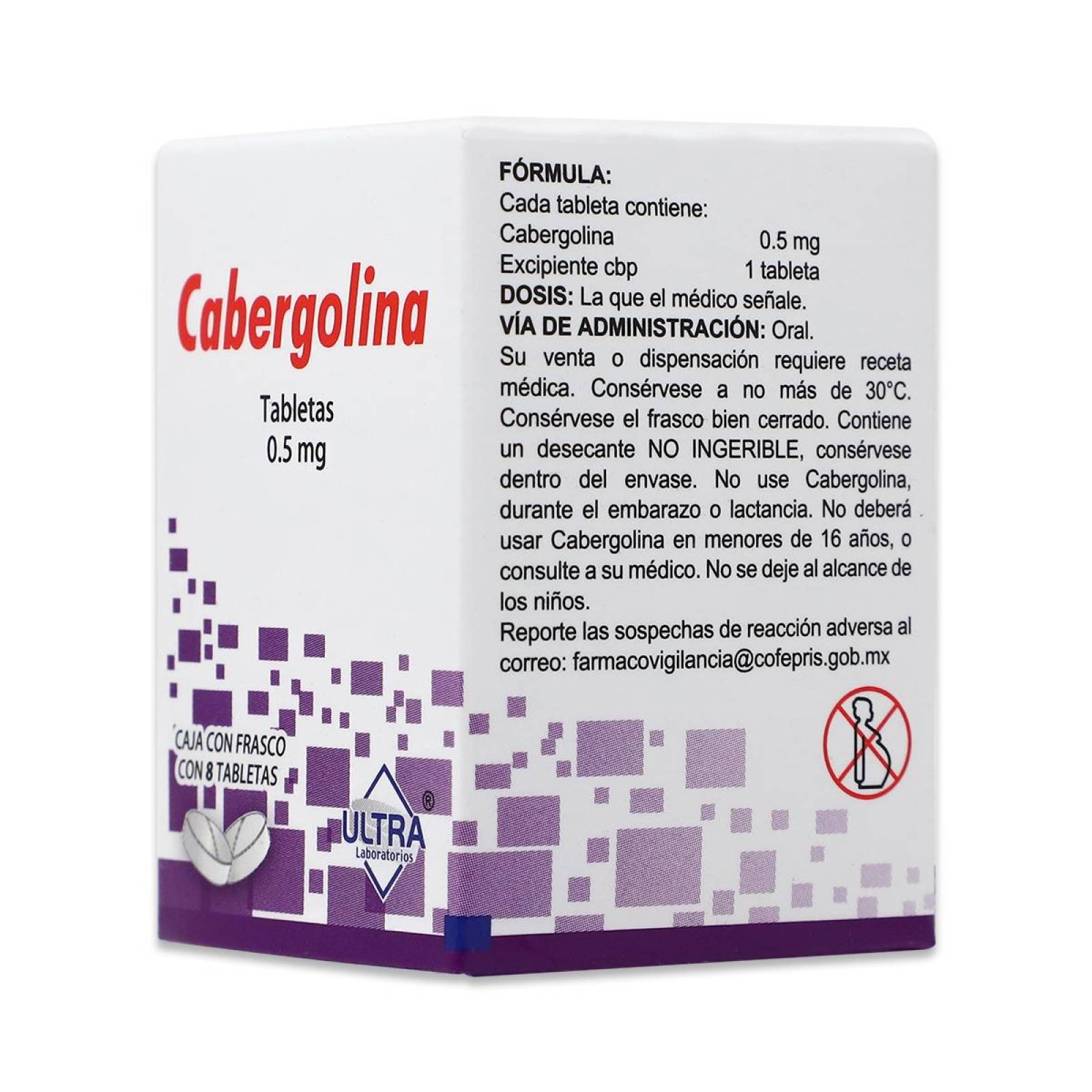 Cabergolina, Frasco Con 8 Tabletas De 0.5 Mg, Ultra