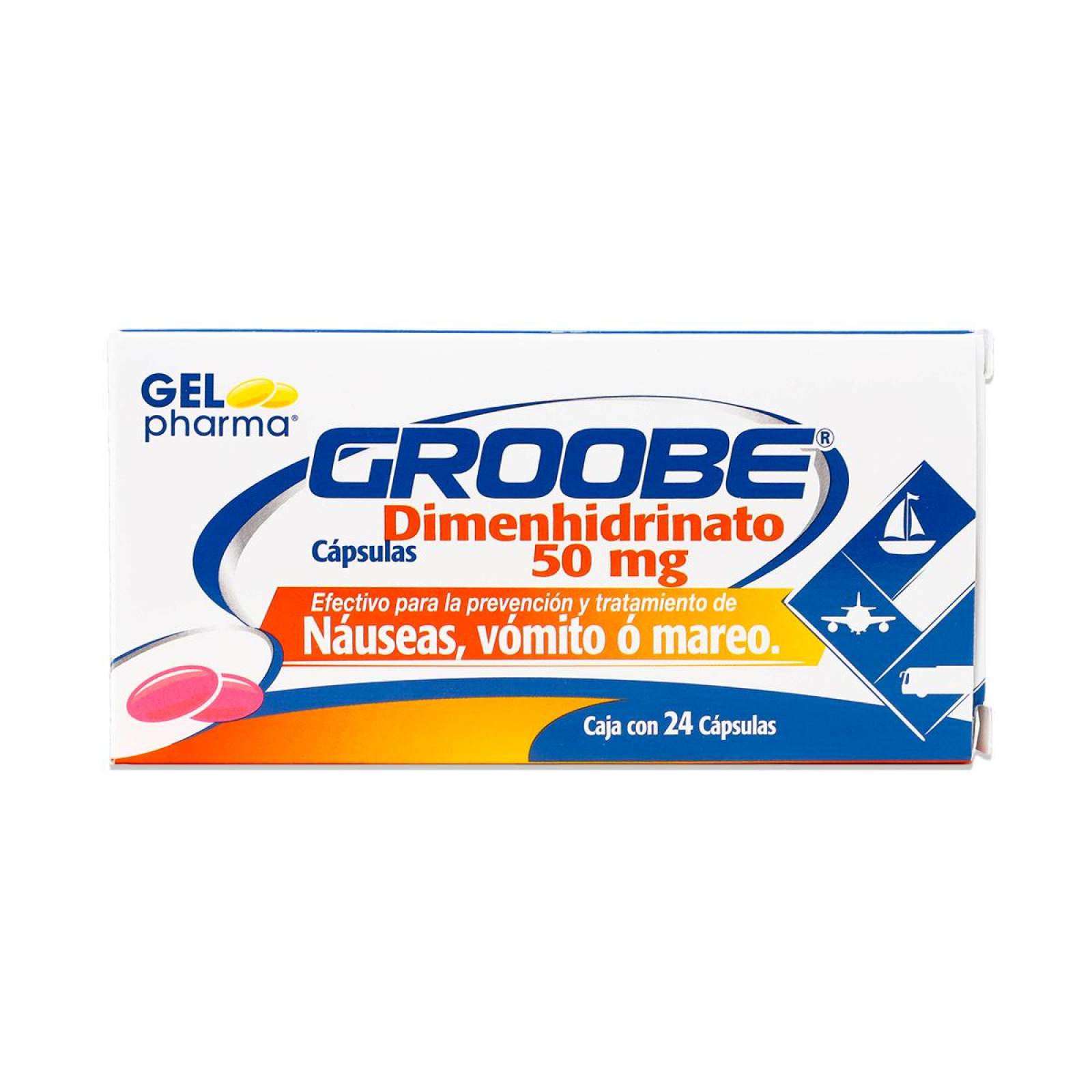 Medicamento Gelpharma Groobe Dimenhidrinato, 24 Capsulas 50 Mg 