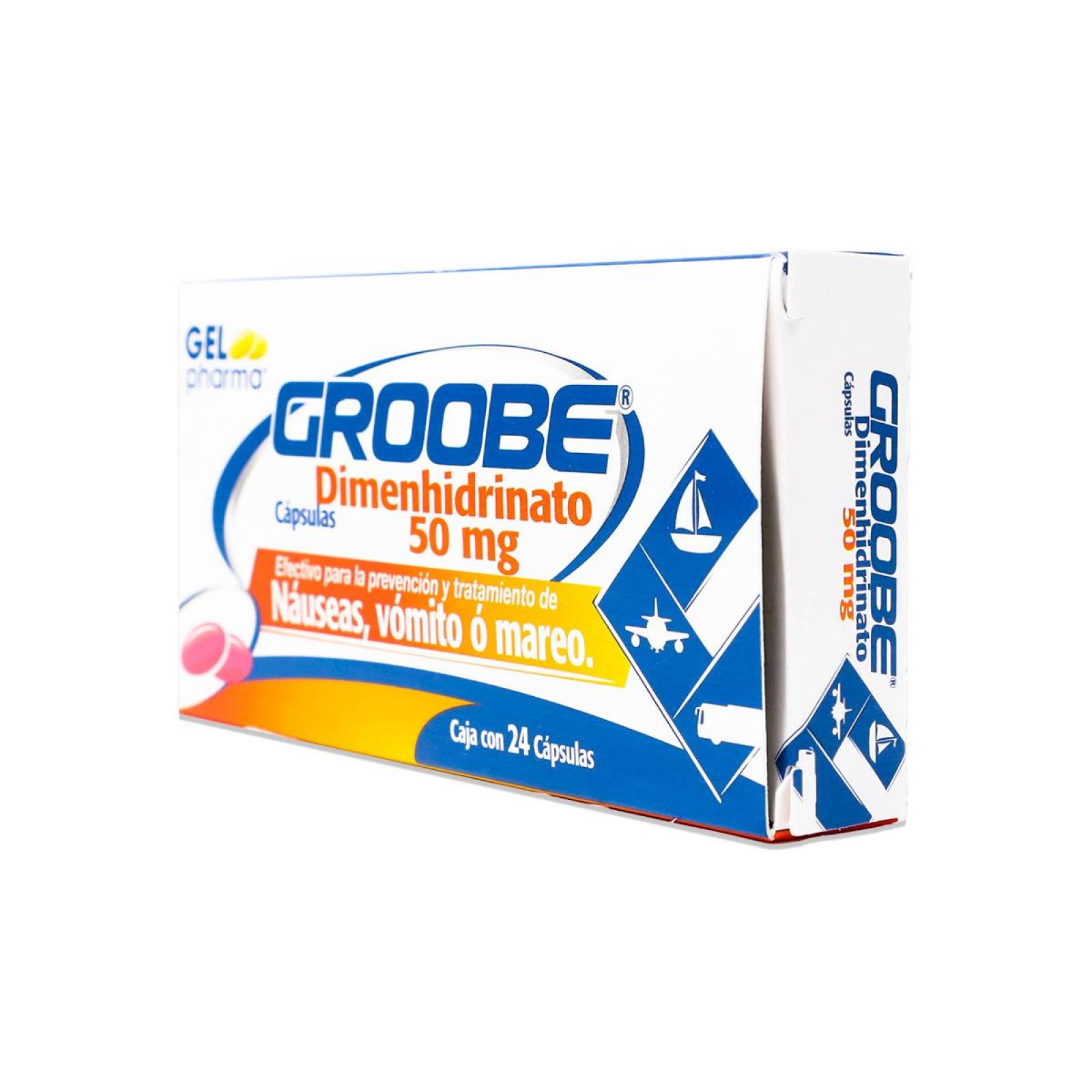 Medicamento Gelpharma Groobe Dimenhidrinato, 24 Capsulas 50 Mg 