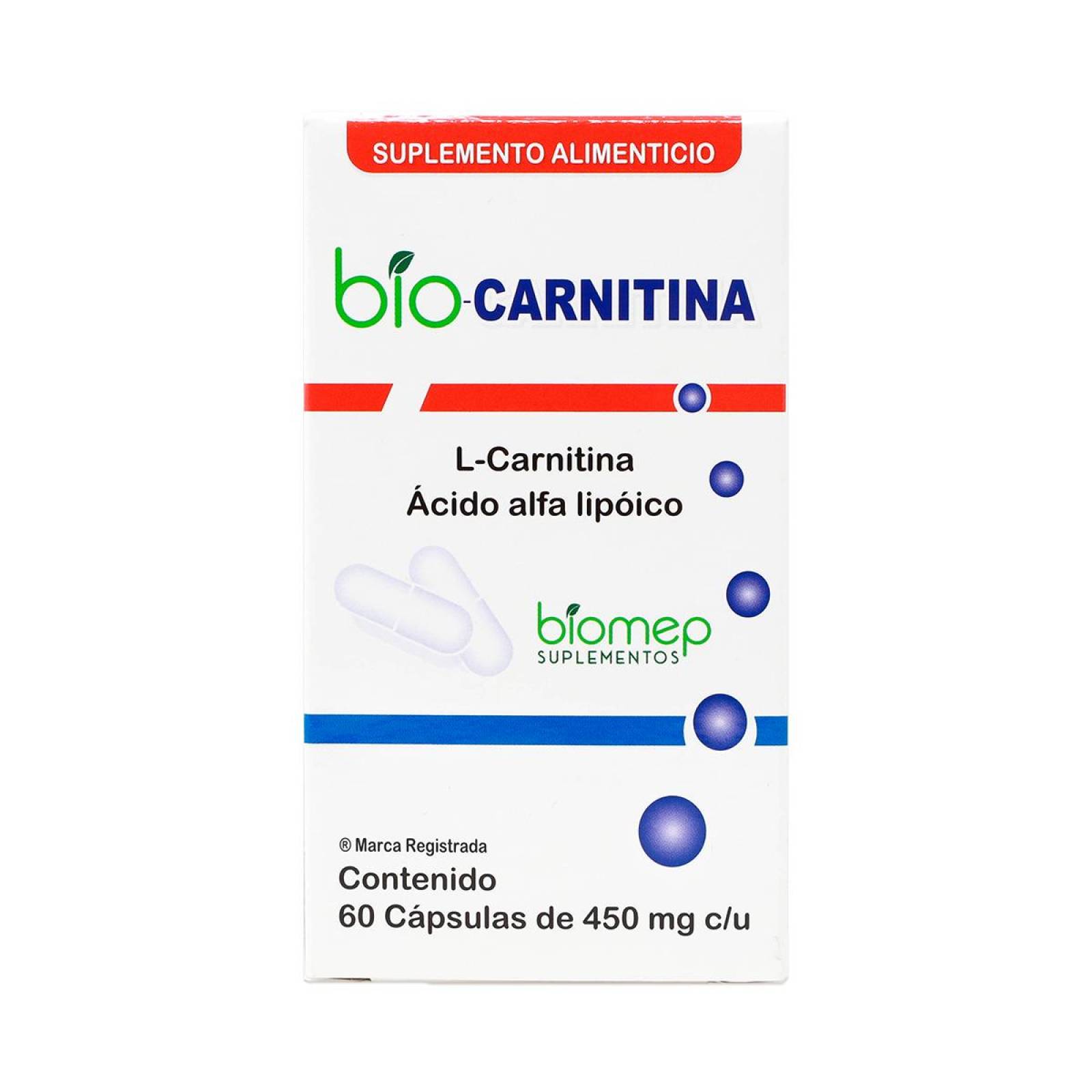 Suplemento Biomep Bio Carnitina, L-Carnitina, Acido Alfa Lipoico, 60 Capsulas De 450 Mg C/u, BIOMEP 