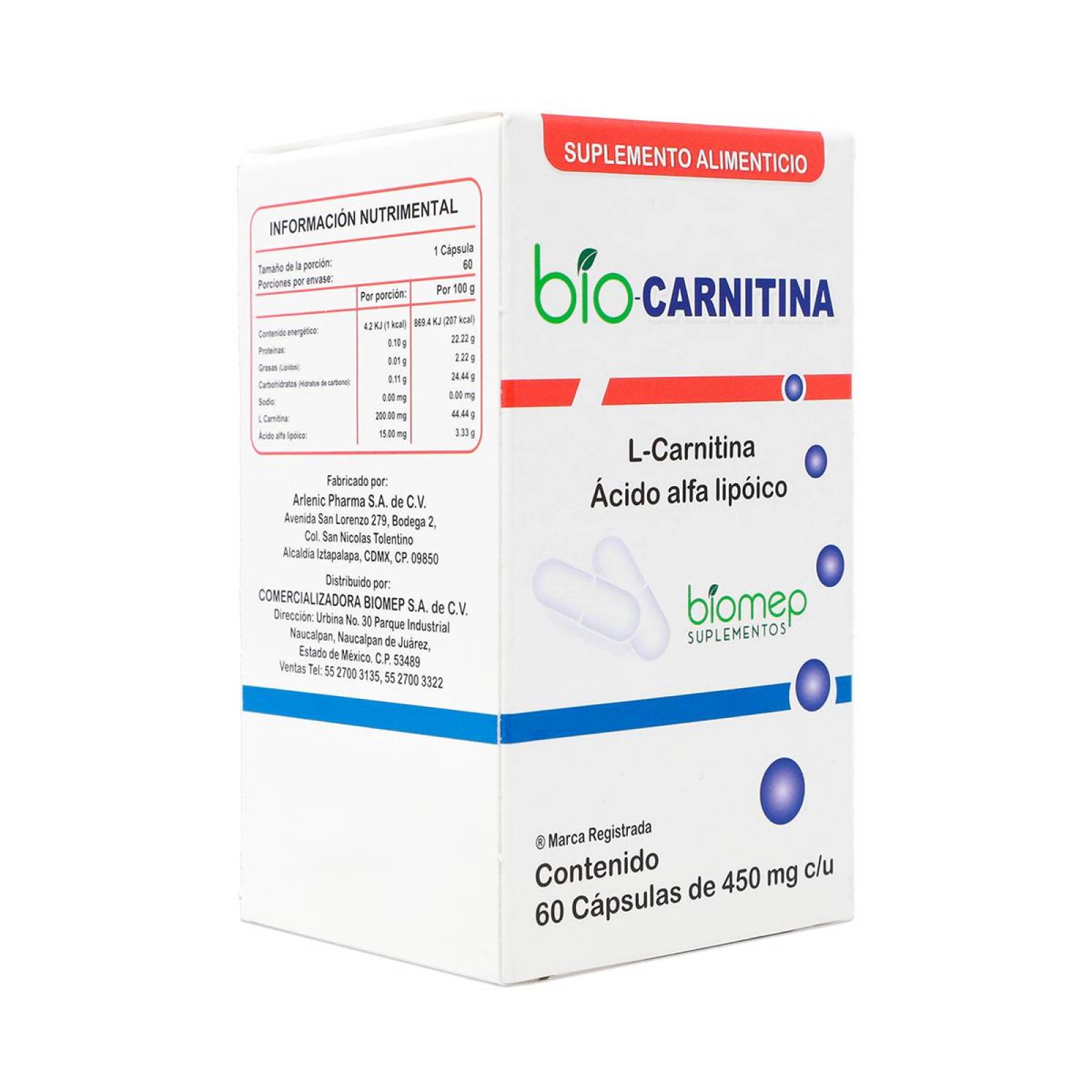 Suplemento Biomep Bio Carnitina, L-Carnitina, Acido Alfa Lipoico, 60 Capsulas De 450 Mg C/u, BIOMEP 