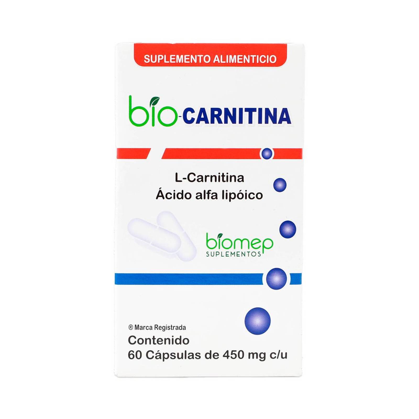 Suplemento Biomep Bio Carnitina, L-Carnitina, Acido Alfa Lipoico, 60 Capsulas De 450 Mg C/u, BIOMEP 