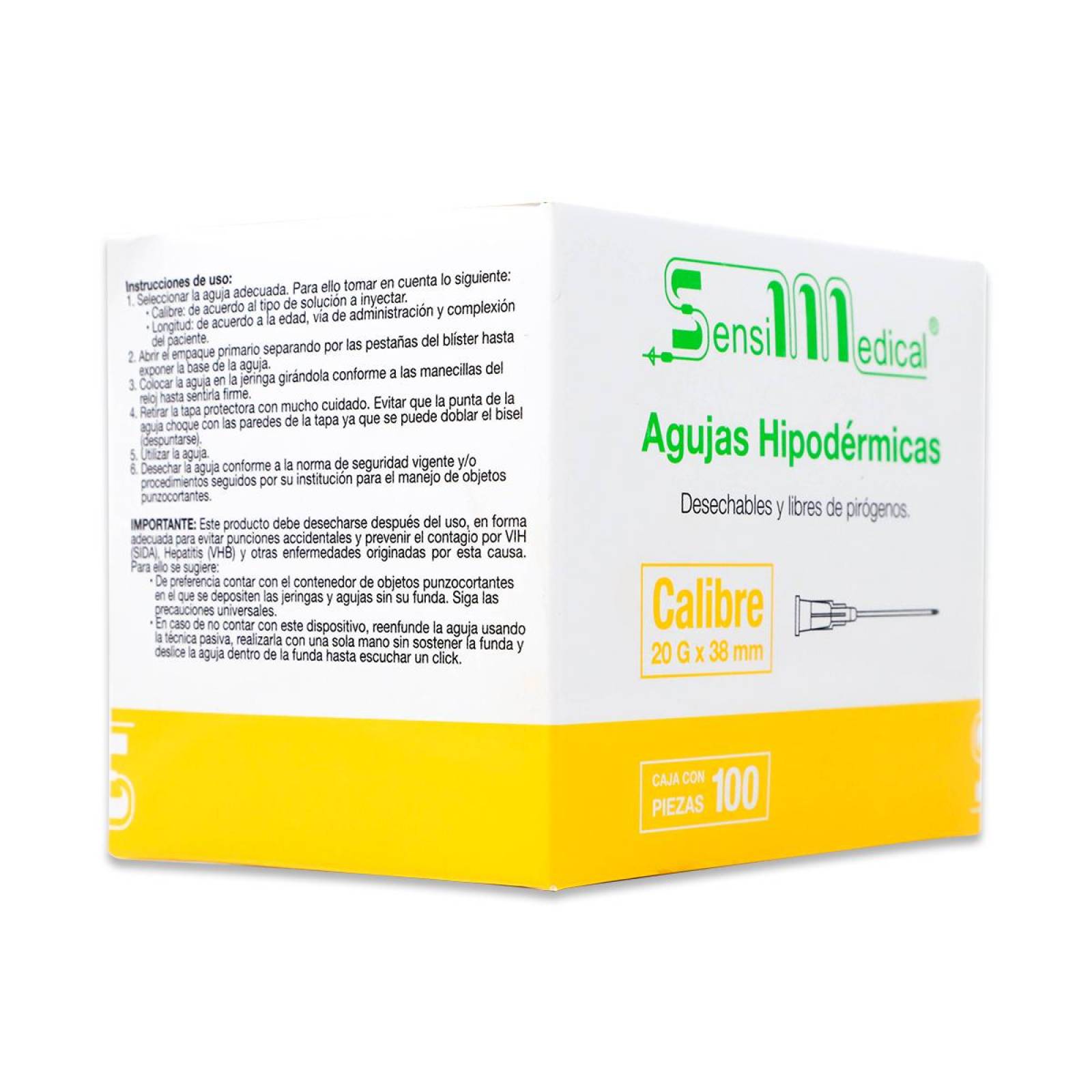 Agujas Hipodérmicas Sensil Medical Estéril Desechable Y Libre De Pirógenos Calibre 20G X 38 Mm Cont 100 Pzas 