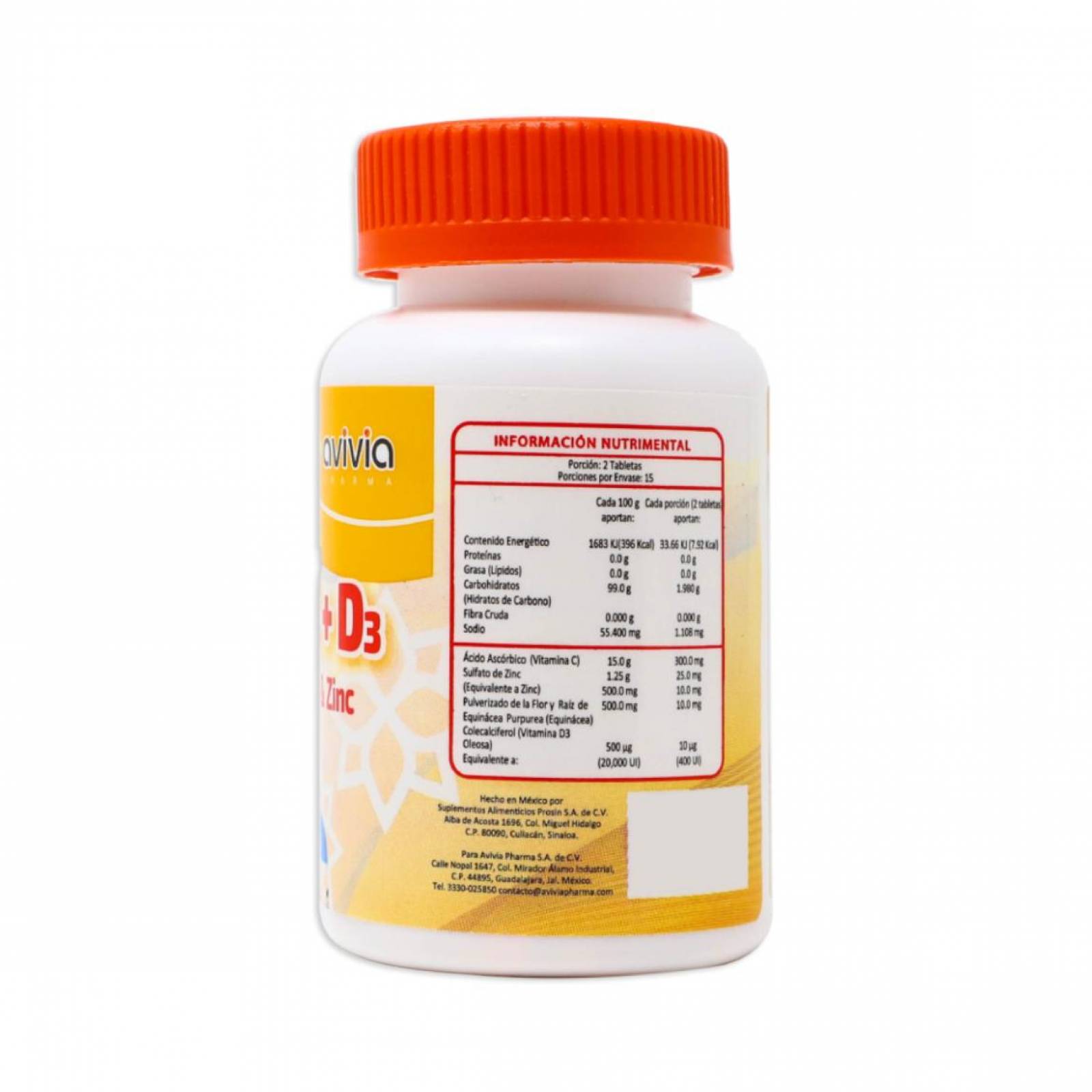 Suplemento Alimenticio Avivia Vitamina C + D3 Equinacea Purpurea & Zinc 30 Tabletas Masticables 1Gr 