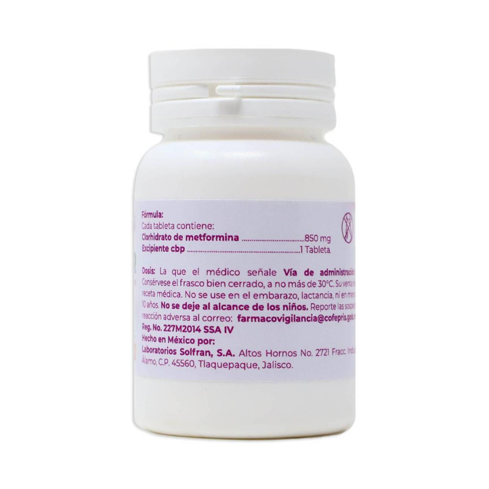 Metformina Solfran Zaprir frasco con 30 tabletas 850mg 