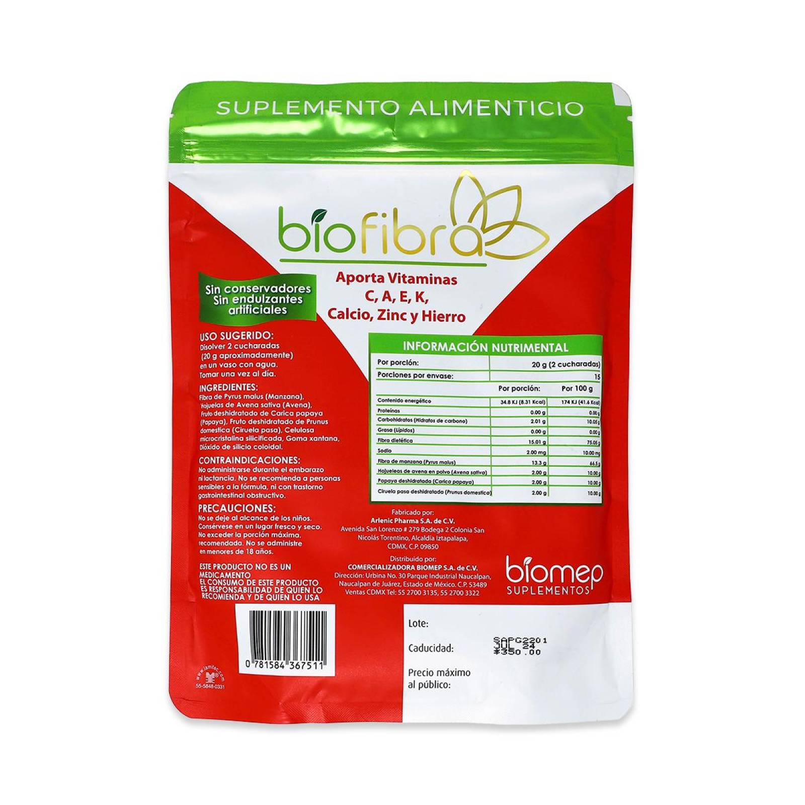 Suplemento alimenticio Biomep Biofibra Sabor Manzana 0% Azucar  300gr 