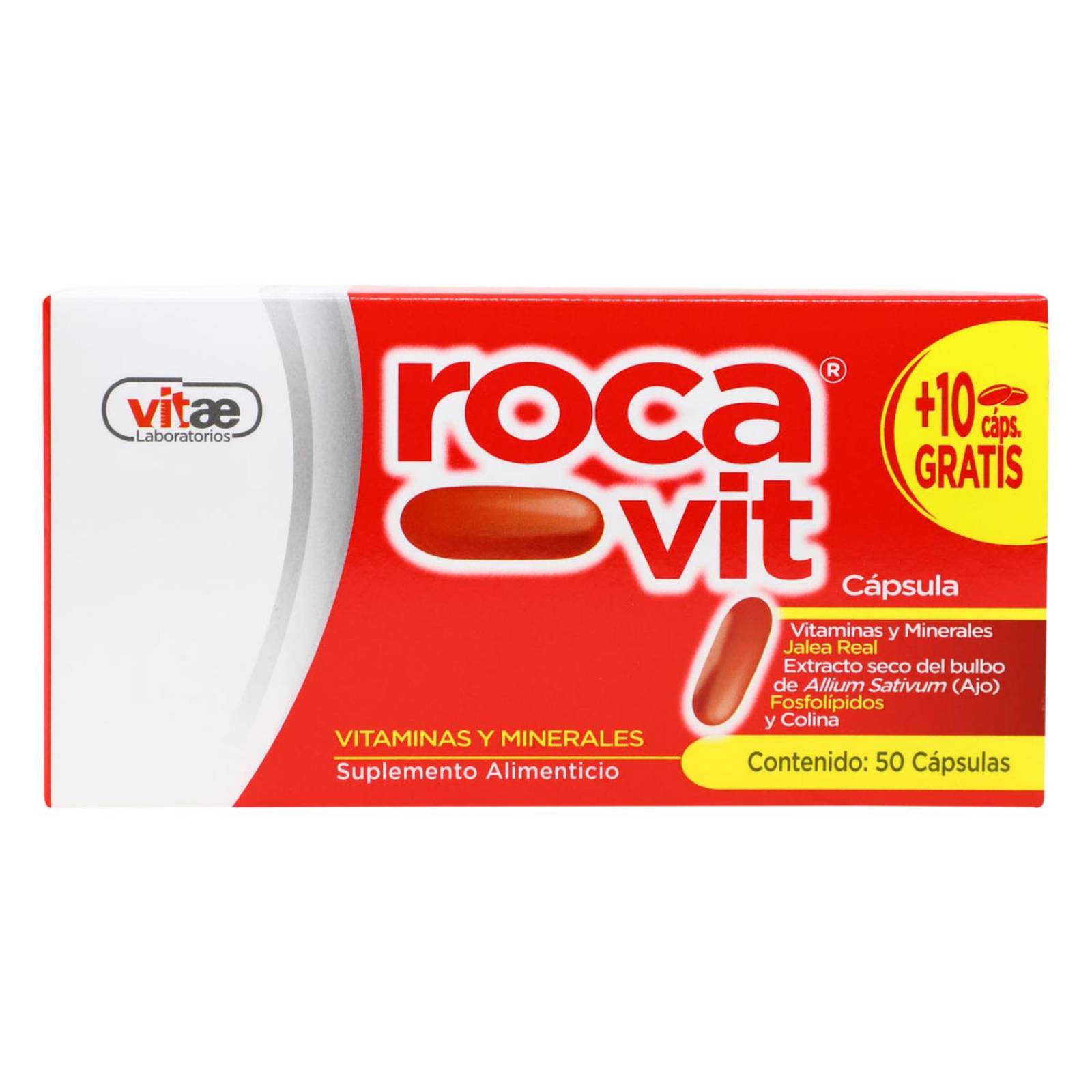 ROCA VIT 50 CAPS + 10 CAPS GRATIS, VITAMINAS Y MINERALES JALEA REAL, EXTRACTO SECO DE AJO Y COLINA V 
