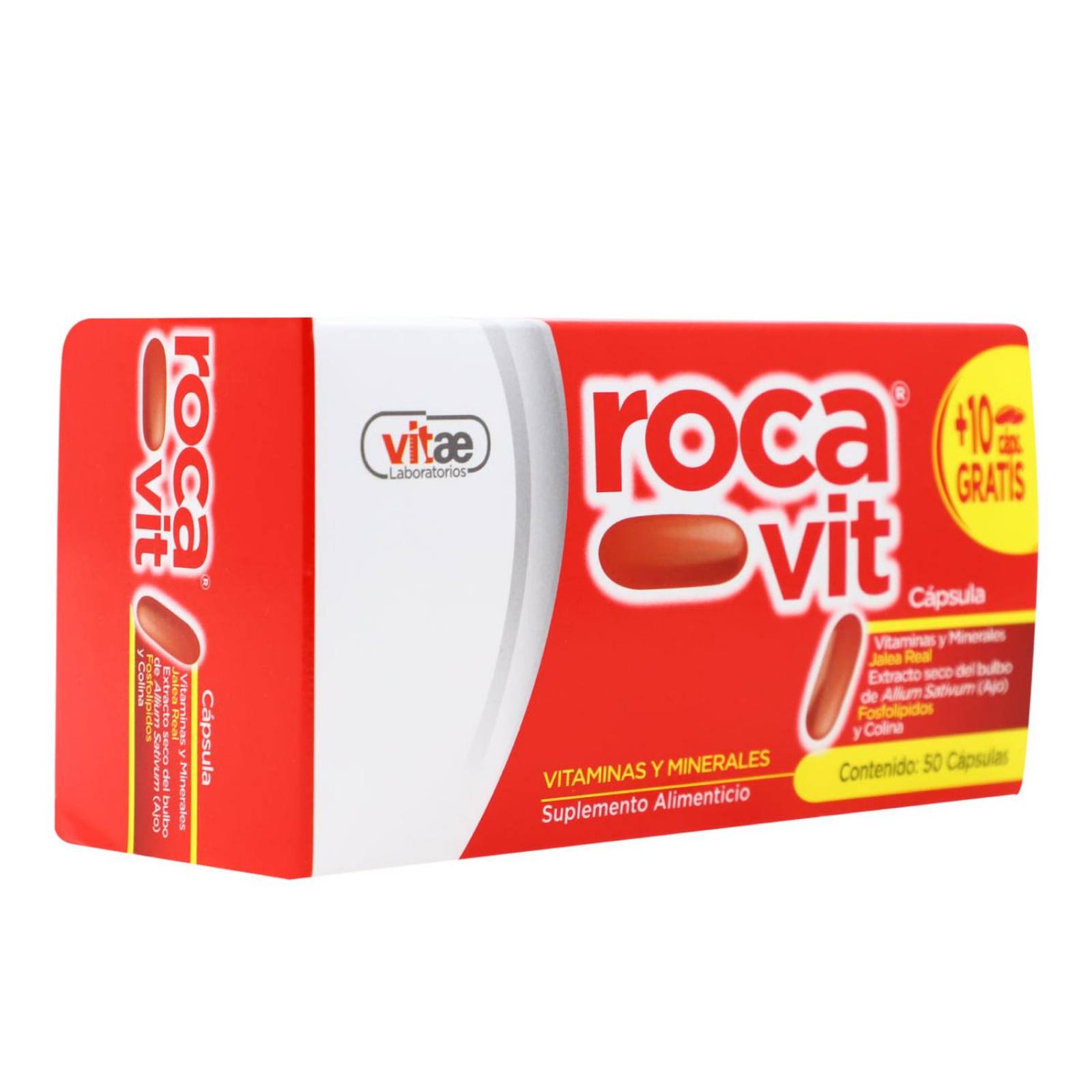 ROCA VIT 50 CAPS + 10 CAPS GRATIS, VITAMINAS Y MINERALES JALEA REAL, EXTRACTO SECO DE AJO Y COLINA V 