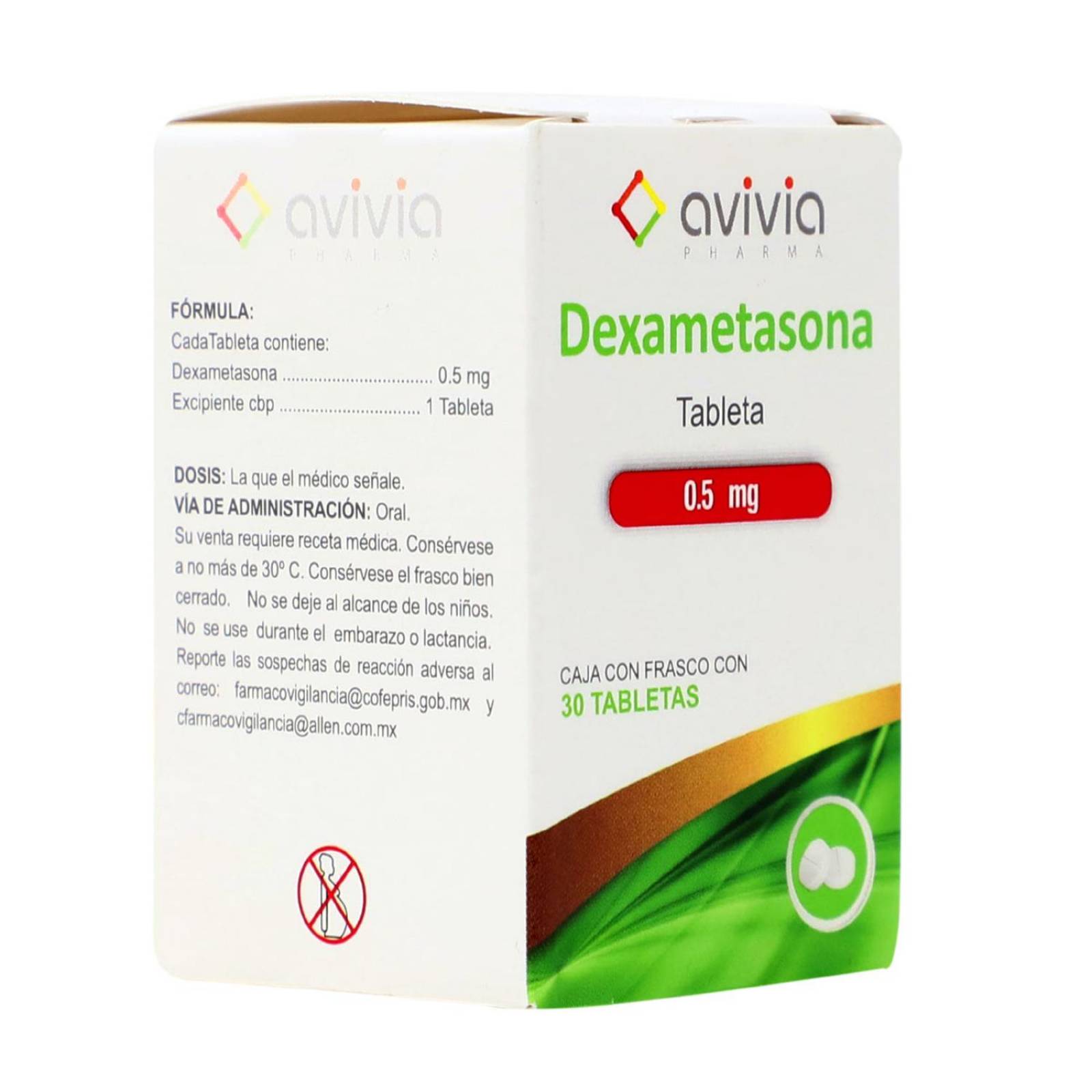 DEXAMETASONA TABLETA 0.5 MG CAJA CON FRASCO CON 30 TABLETAS AVIVIA PHARMA 