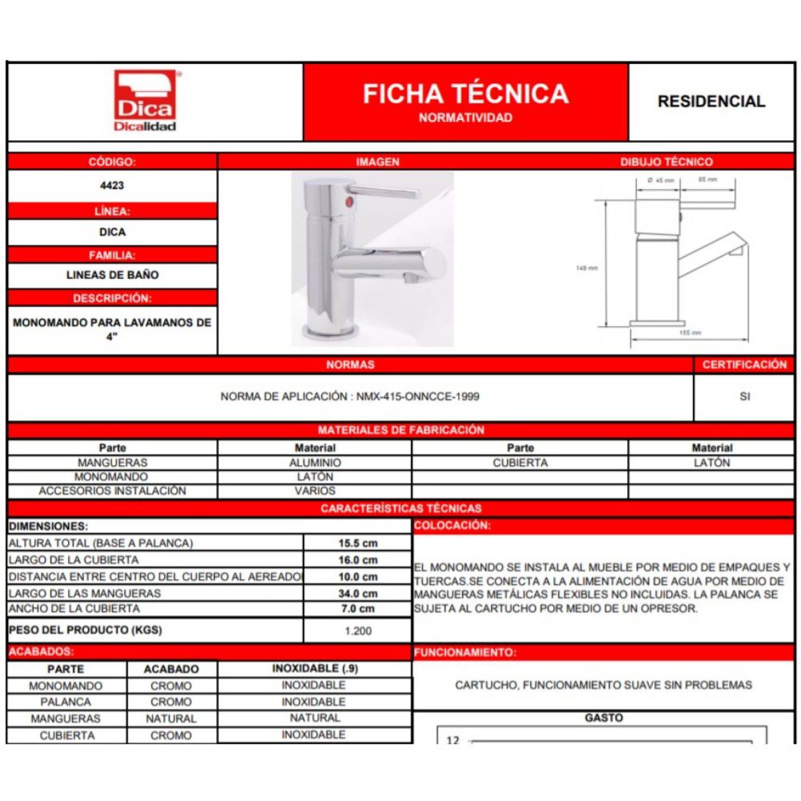 Monomando Para Lavabo Cromo Dica (4423)