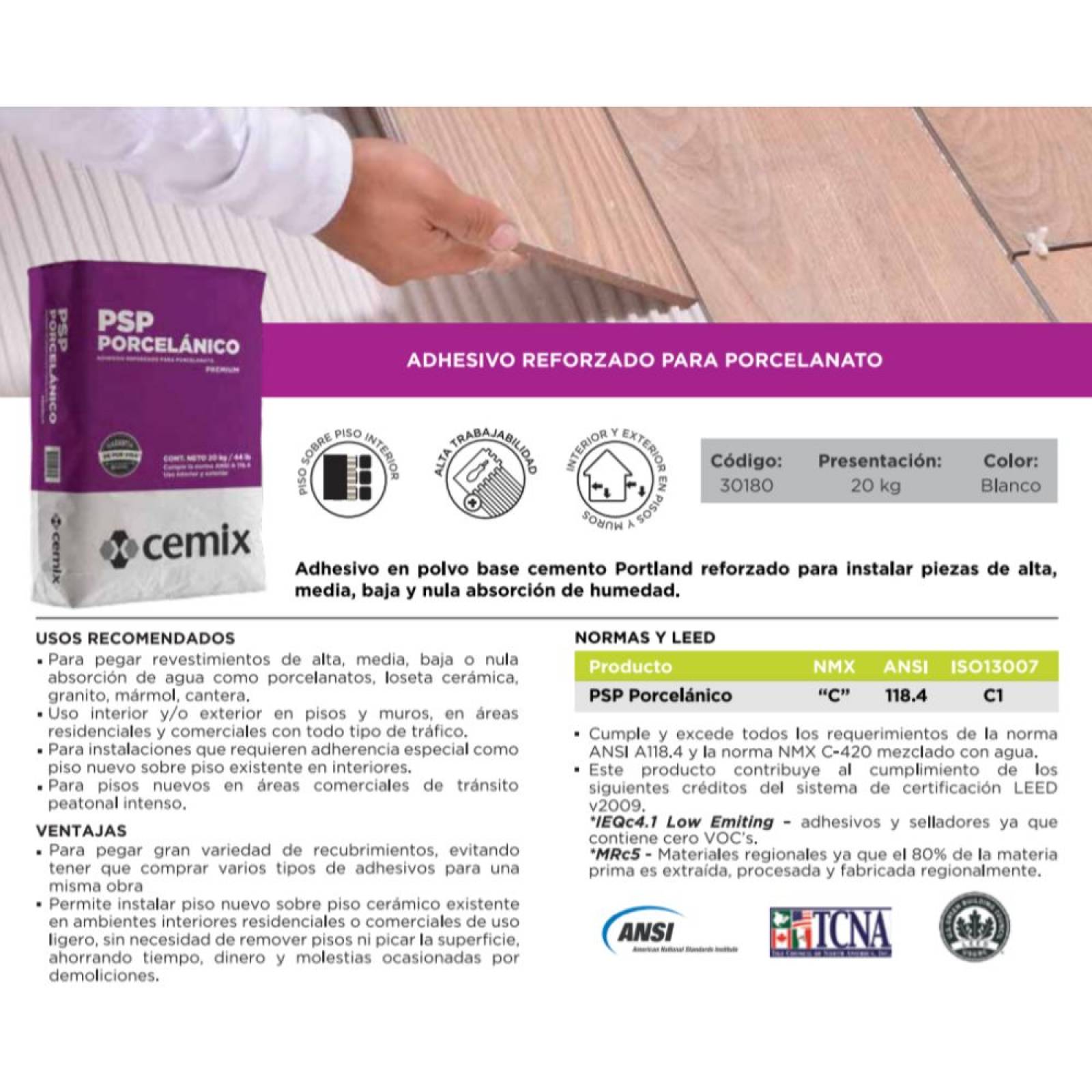 Adhesivo Reforzado Para Porcelanato Psp Cemix 20 Kg