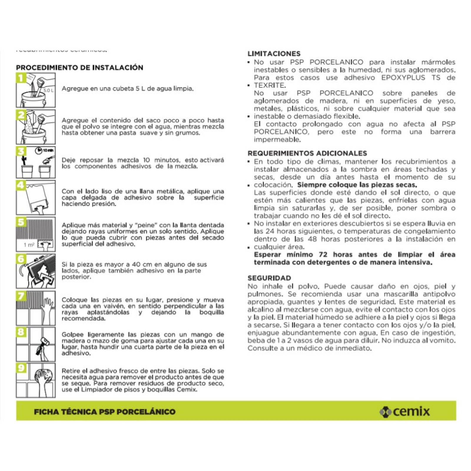 Adhesivo Reforzado Para Porcelanato Psp Cemix 20 Kg