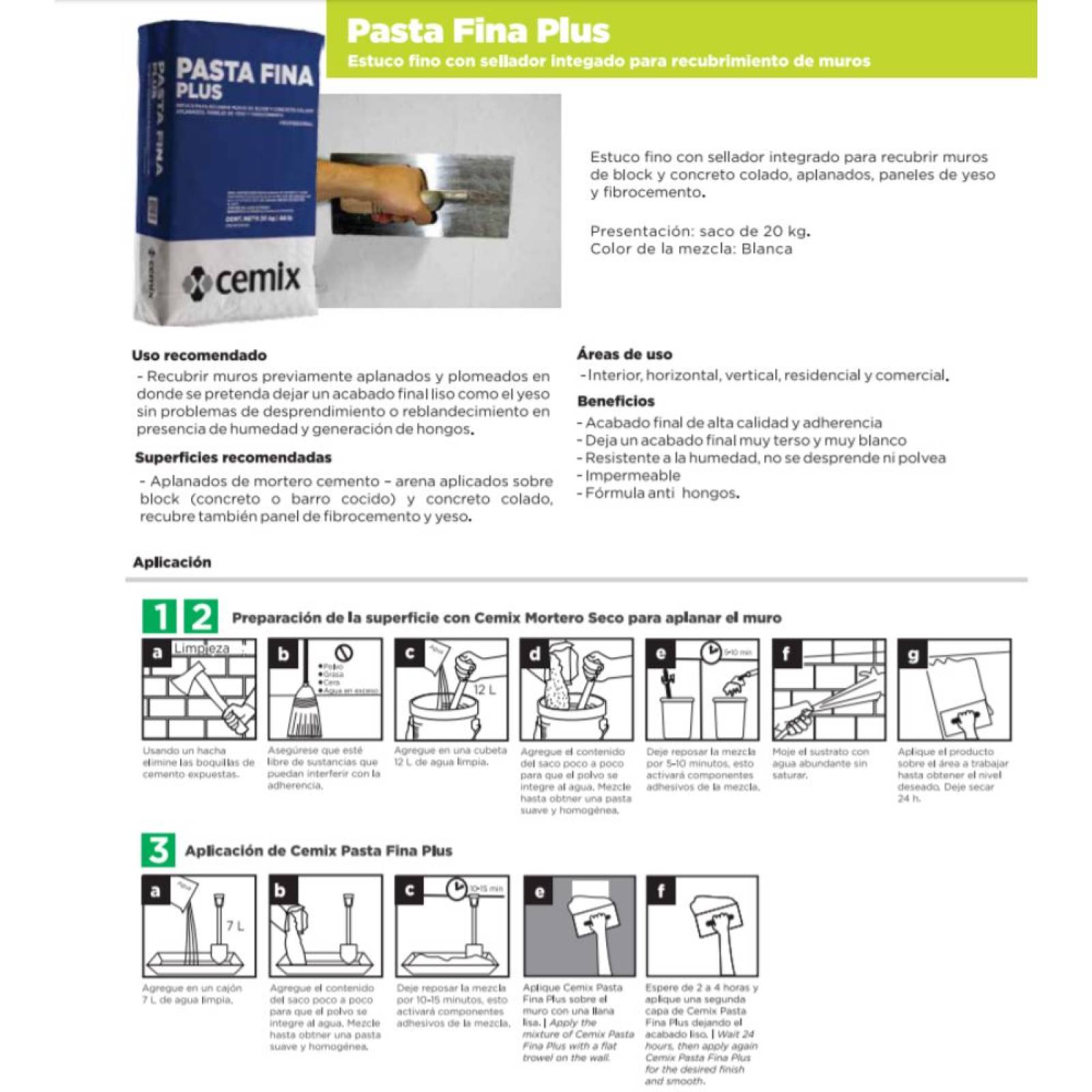 Estuco Pasta Fina Plus Cemix 20 Kg