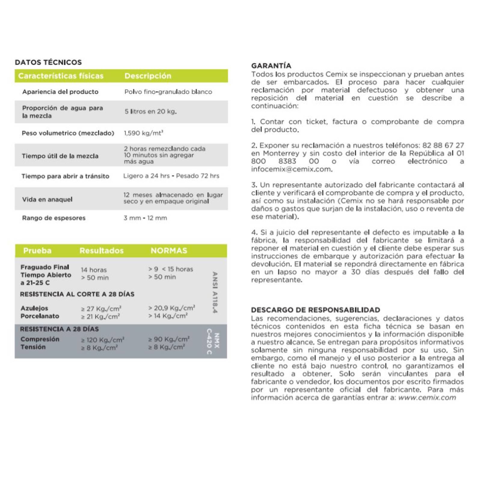 Adhesivo Universal Blanco Cemix 20 Kg