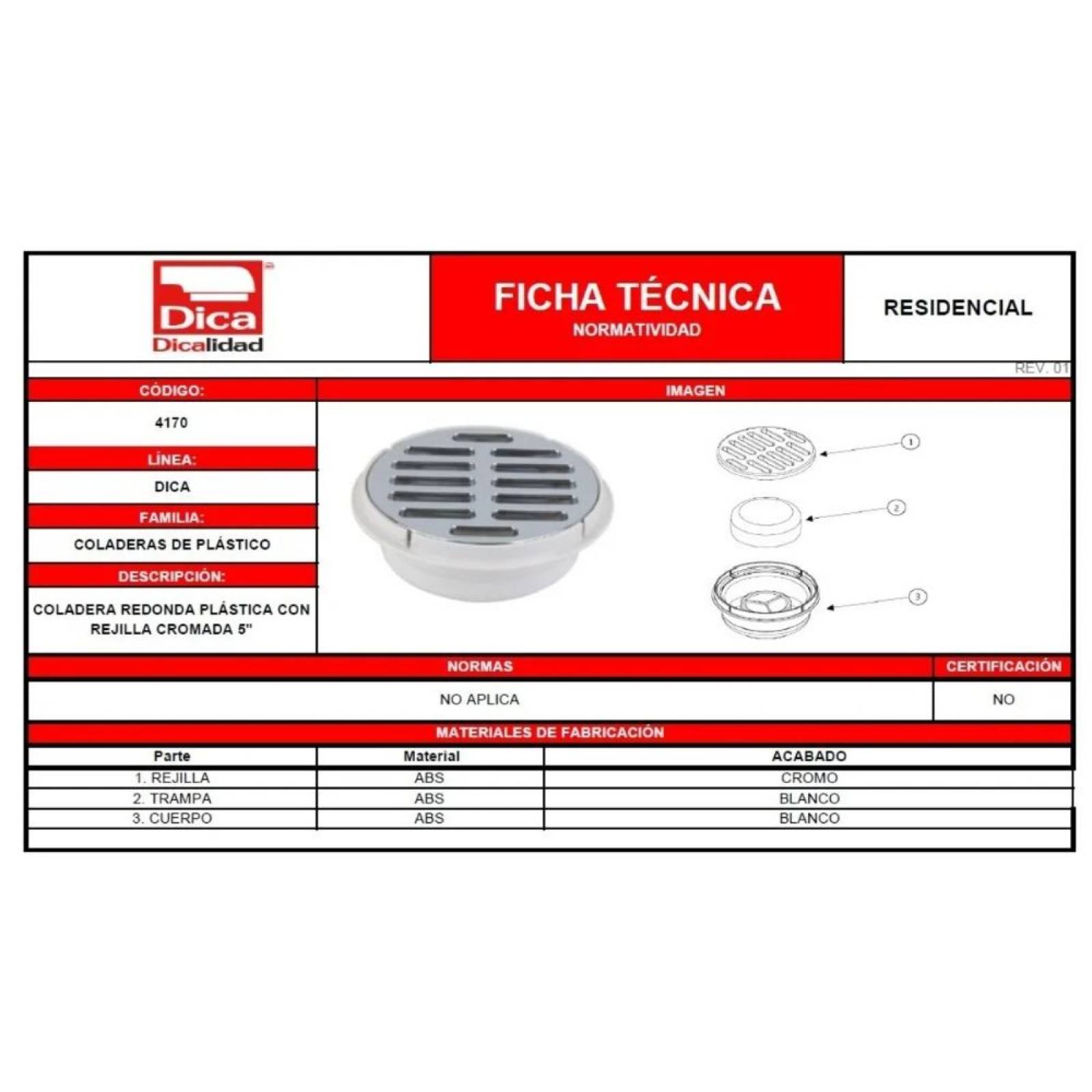 Coladera Red. Universal Con Rejilla Cromada De 5´ Dica 4170