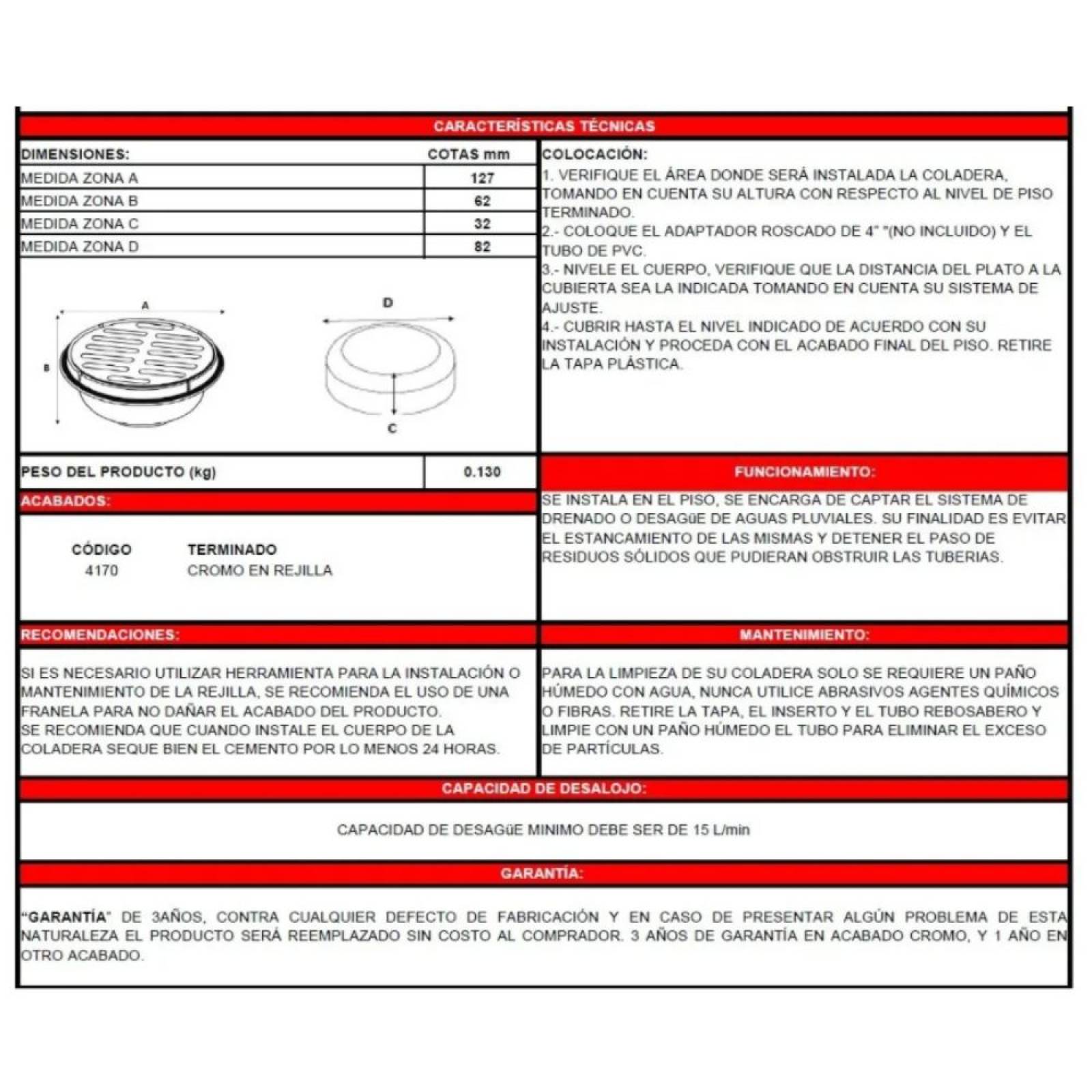 Coladera Red. Universal Con Rejilla Cromada De 5´ Dica 4170