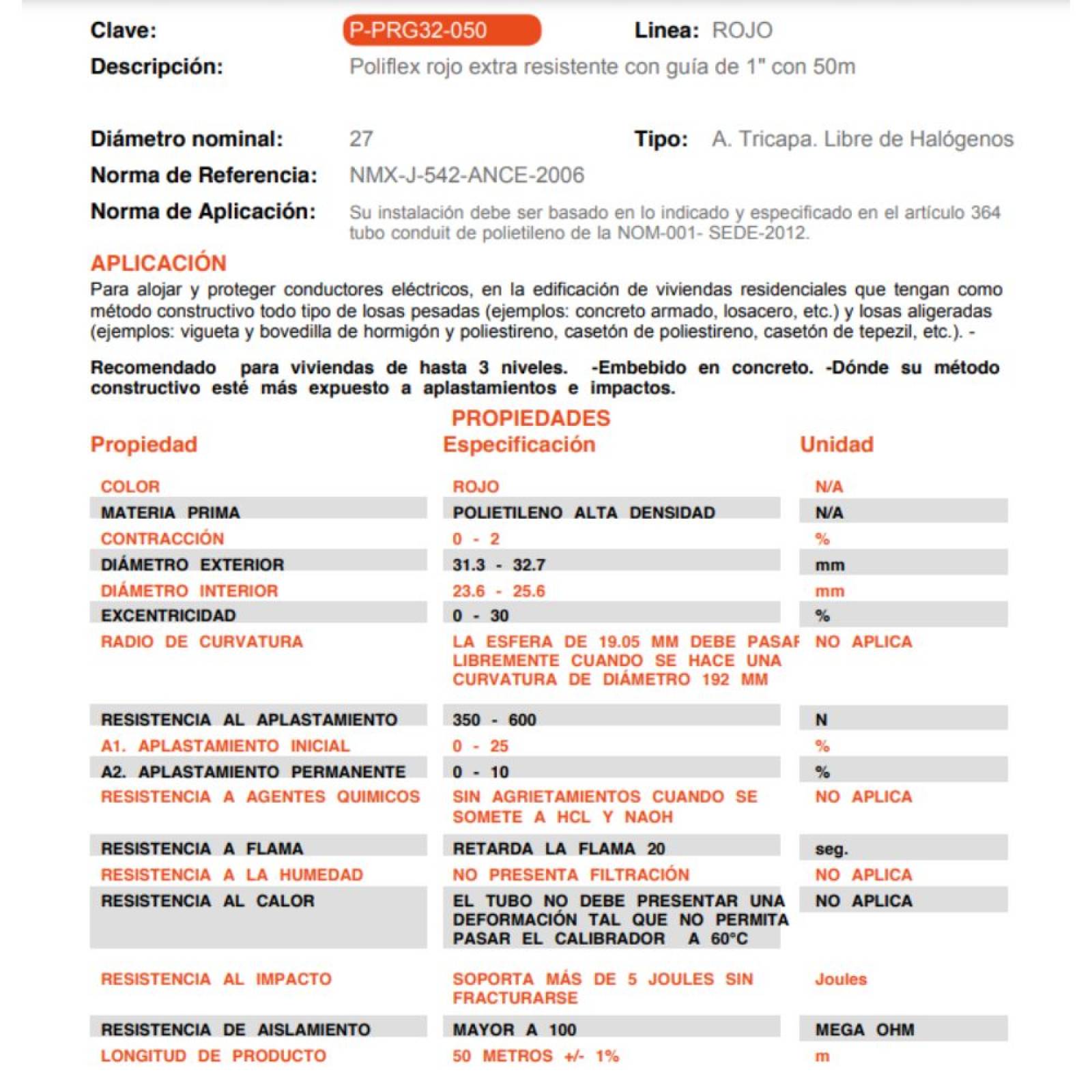 Poliflex Rojo Ref. De 1 PuLG Rollo 50 Metros Con Guía