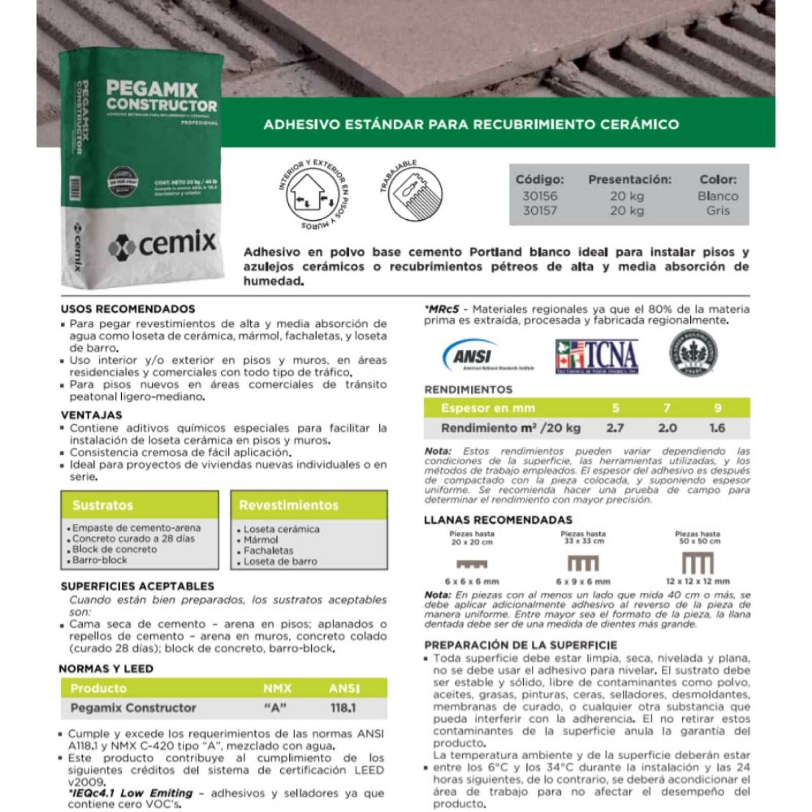 Adhesivo Pegamix Constructor Blanco Cemix 20 Kg
