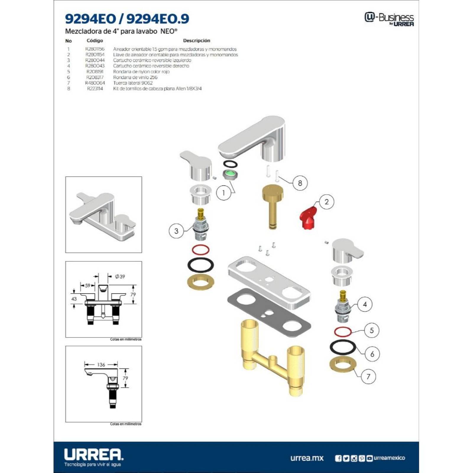 Mezcladora Para Lavabo De 4 Acero Inox Neo Urrea 9294eo.9