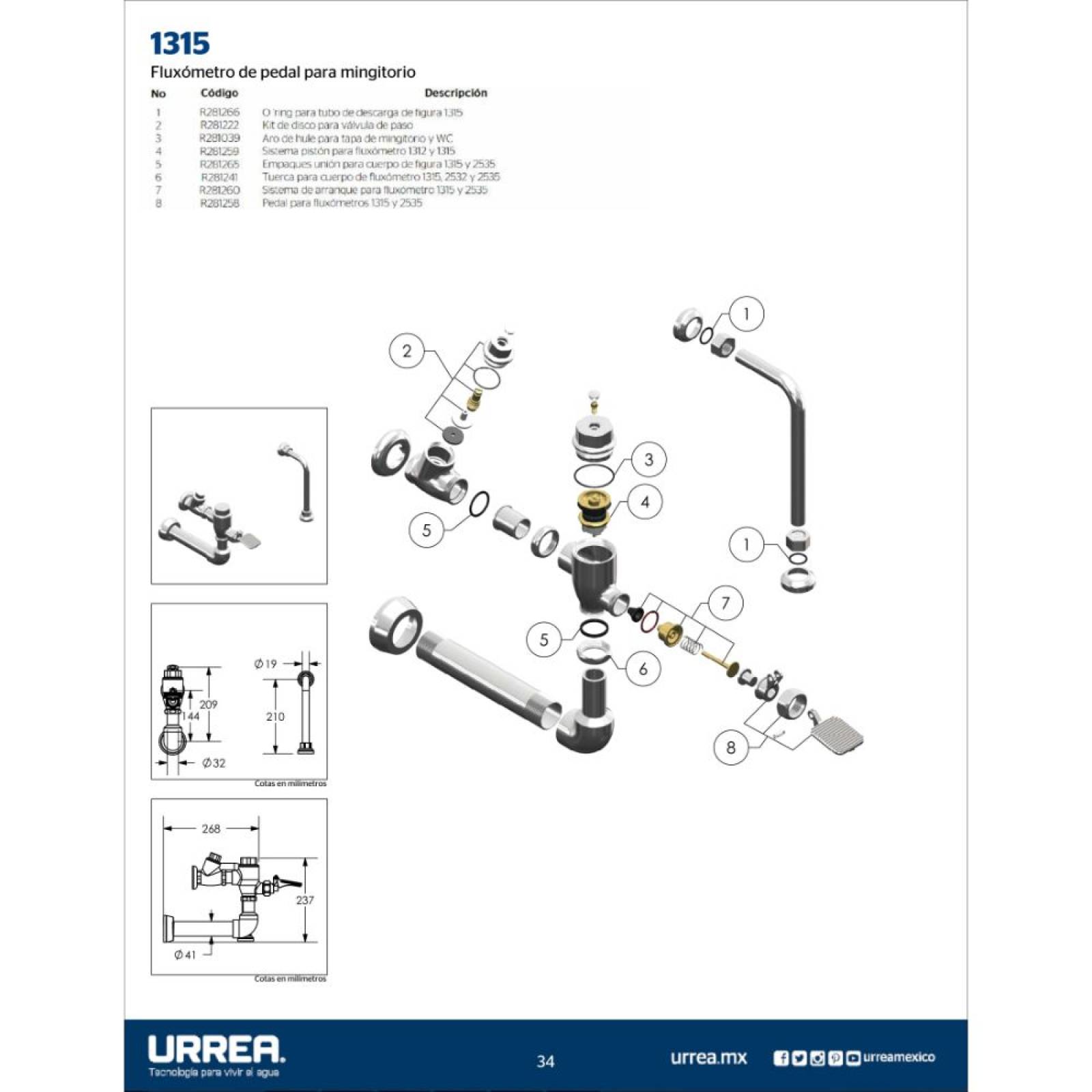 Fluxómetro De Pedal Para Mingitorio Cromo Urrea 1315