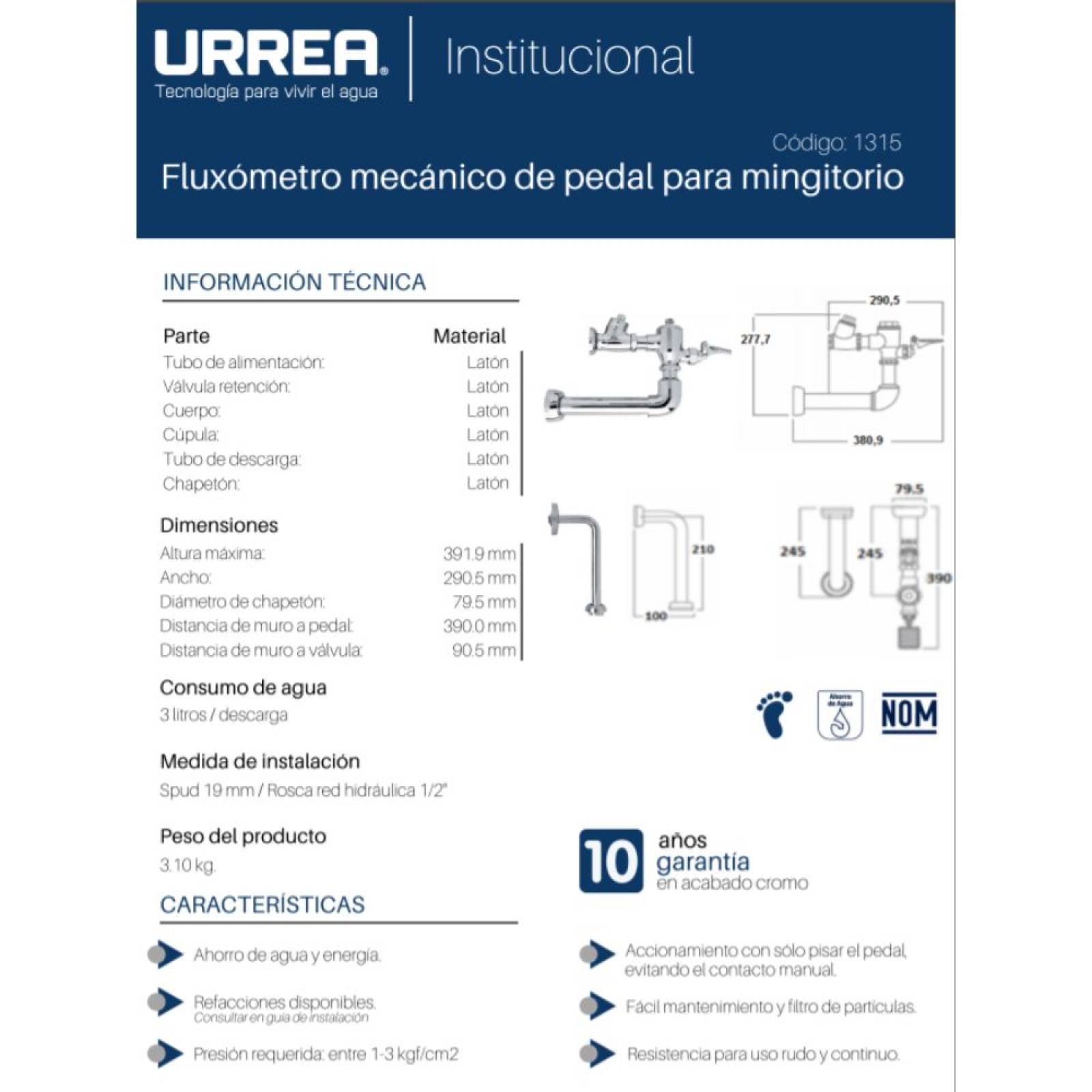 Fluxómetro De Pedal Para Mingitorio Cromo Urrea 1315