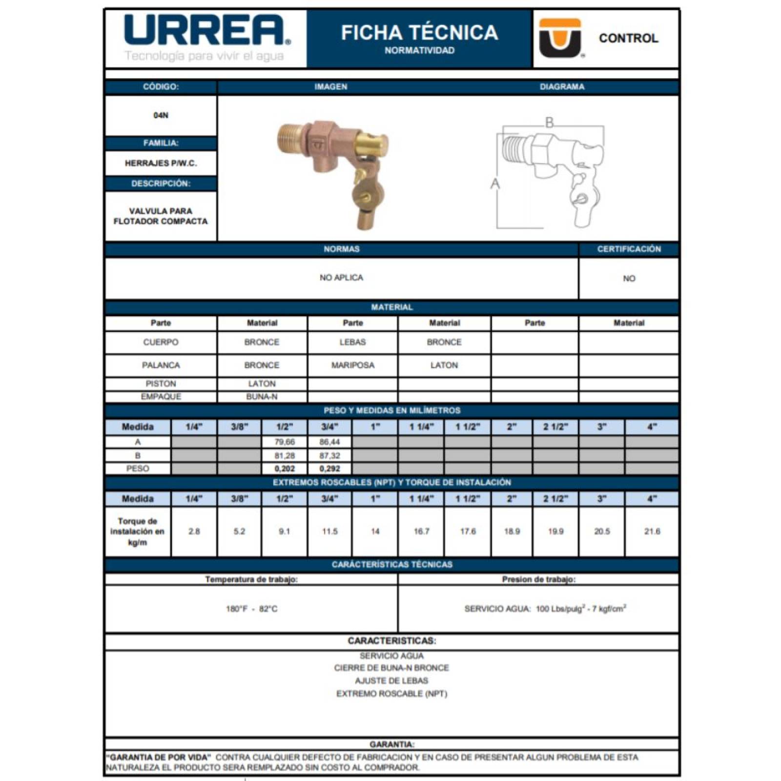 Valvula Para Flotador Compacta De 3/4 Bronce Urrea 04n.19