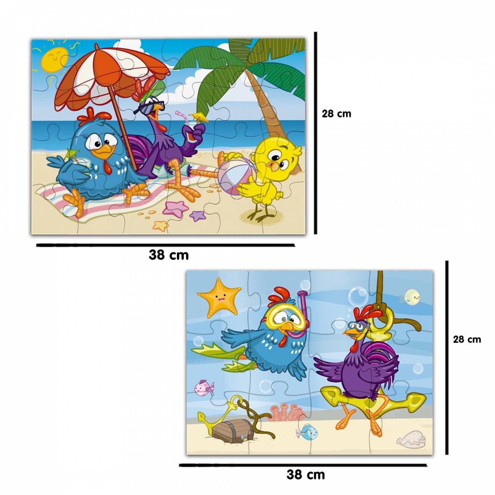 Rompecabezas 2 en 1 Gallina Pintadita Playa 12 y 24 Piezas 