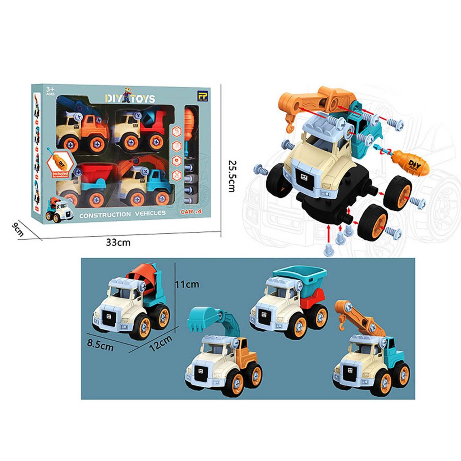 Kit 4 en 1 Vehiculos De Construcción DIY 11 cm altura .